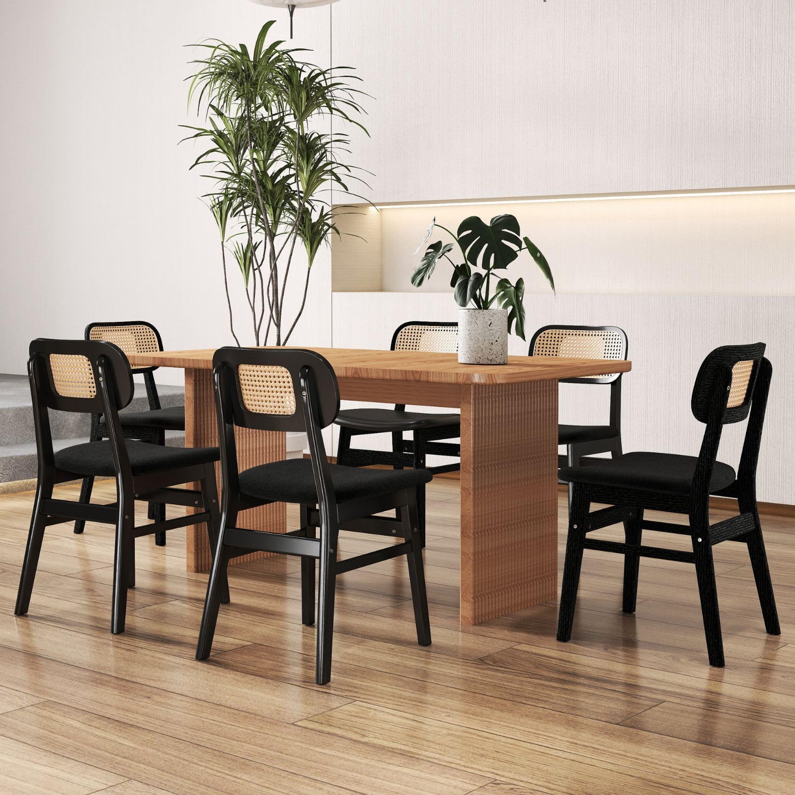 ROCITY Rattan Dining Chairs Set of 2 White Faux Leather Dining Room Chairs Natural Wooden Kitchen Chairs Farmhouse Side Chairs