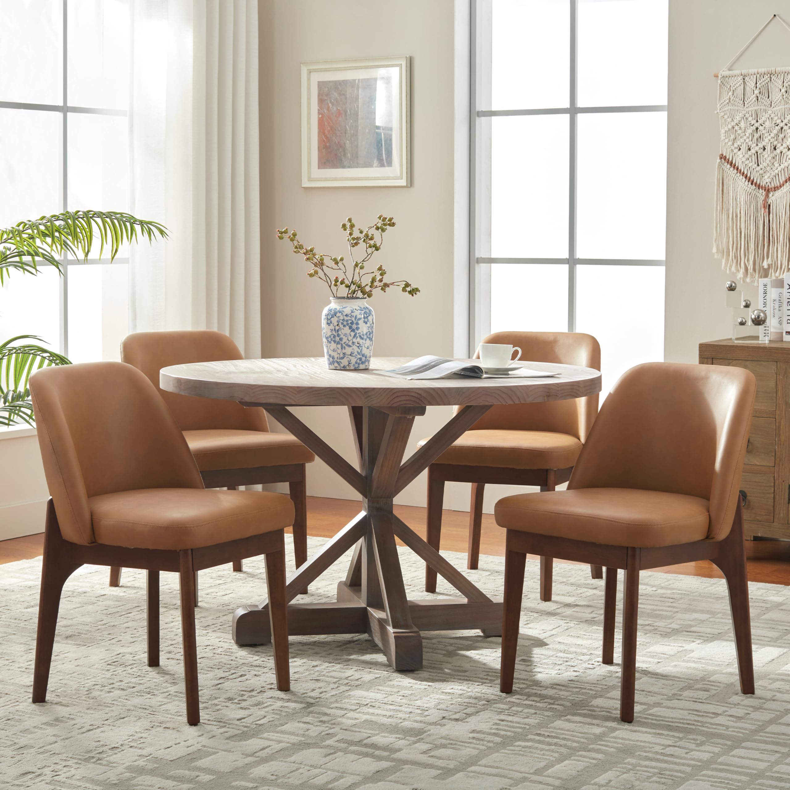 VKNOW Modern Dining Chairs Set of 2, Faux Leather Kitchen Chairs with Wood Legs, Upholstered Side Chair for Kitchen Dining Room, Beige