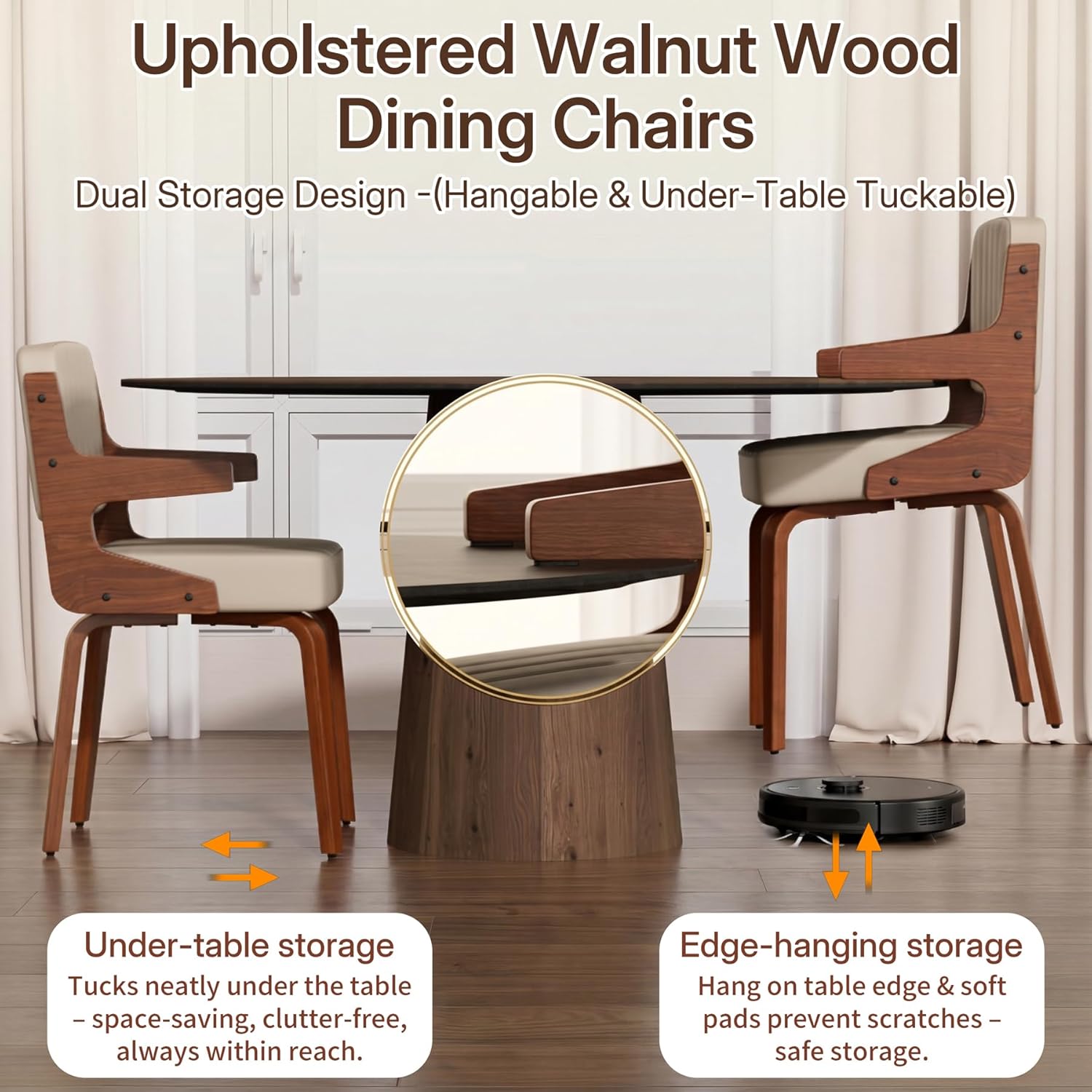 Dining Chairs Set of 1, Mid-Century Modern Upholstered PU Leather Kitchen Chair, Hanging Handrails, Walnut Bentwood Legs and Faux Leather Sponge Back for Kitchen Dining Room Living Room, Beige