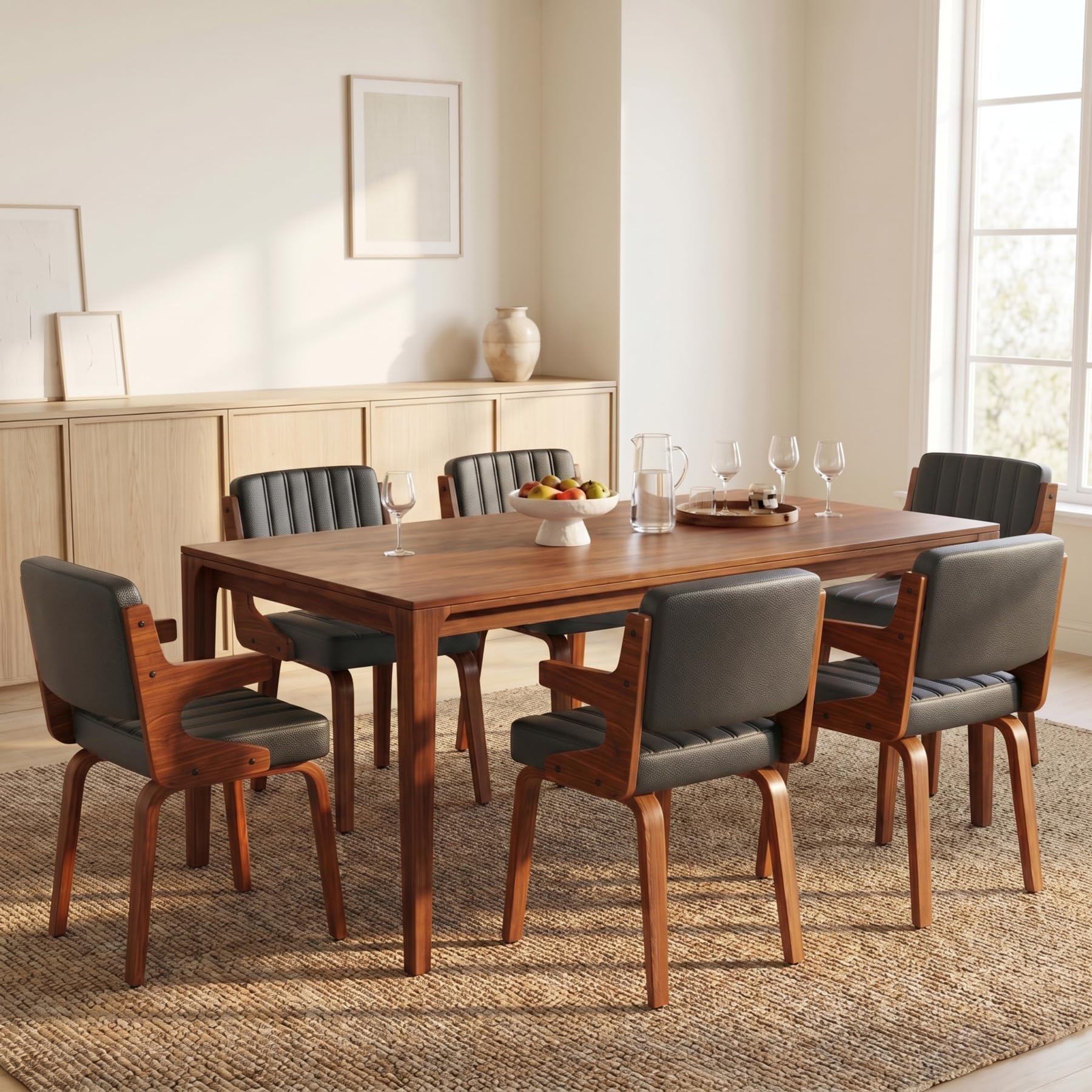 Dining Chairs Set of 1, Mid-Century Modern Upholstered PU Leather Kitchen Chair, Hanging Handrails, Walnut Bentwood Legs and Faux Leather Sponge Back for Kitchen Dining Room Living Room, Beige