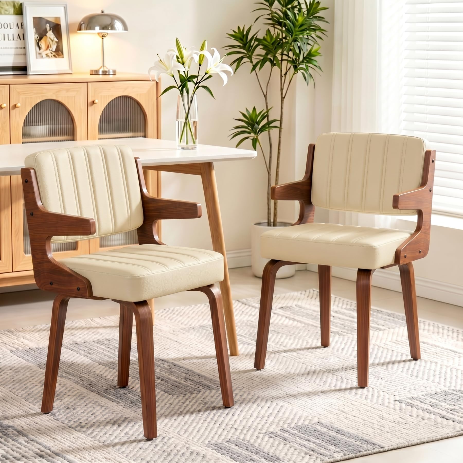 Dining Chairs Set of 1, Mid-Century Modern Upholstered PU Leather Kitchen Chair, Hanging Handrails, Walnut Bentwood Legs and Faux Leather Sponge Back for Kitchen Dining Room Living Room, Beige