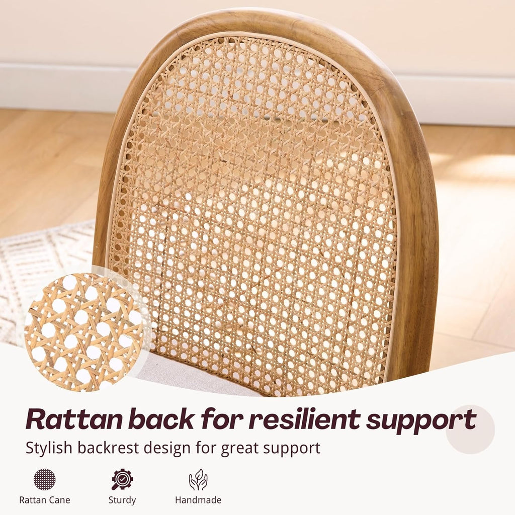 HEAH-YO Rattan Dining Chairs Set of 2, Upholstered Linen Dining Room Chairs with Backrests, Modern Kitchen Chairs with Wood Legs for Dining Room, Beige
