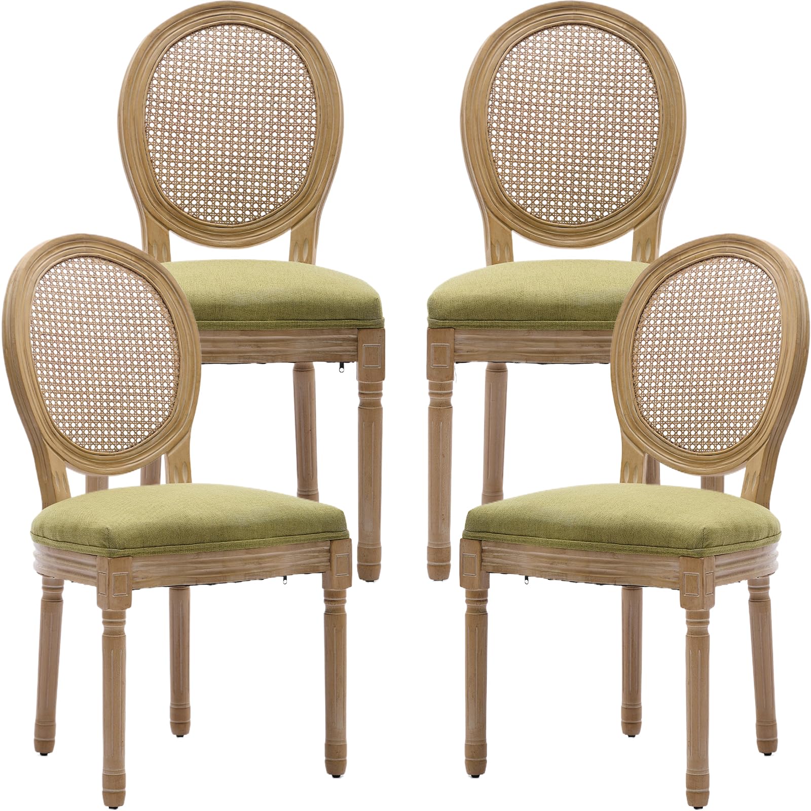 Vintage French Rattan Dining Chairs Set of 4, Solid Wood Frame with Round Rattan Back and Linen Upholstered Seat, Farmhouse Accent Sillas de Comedor Side Chairs for Dining Room & Kitchen, Beige