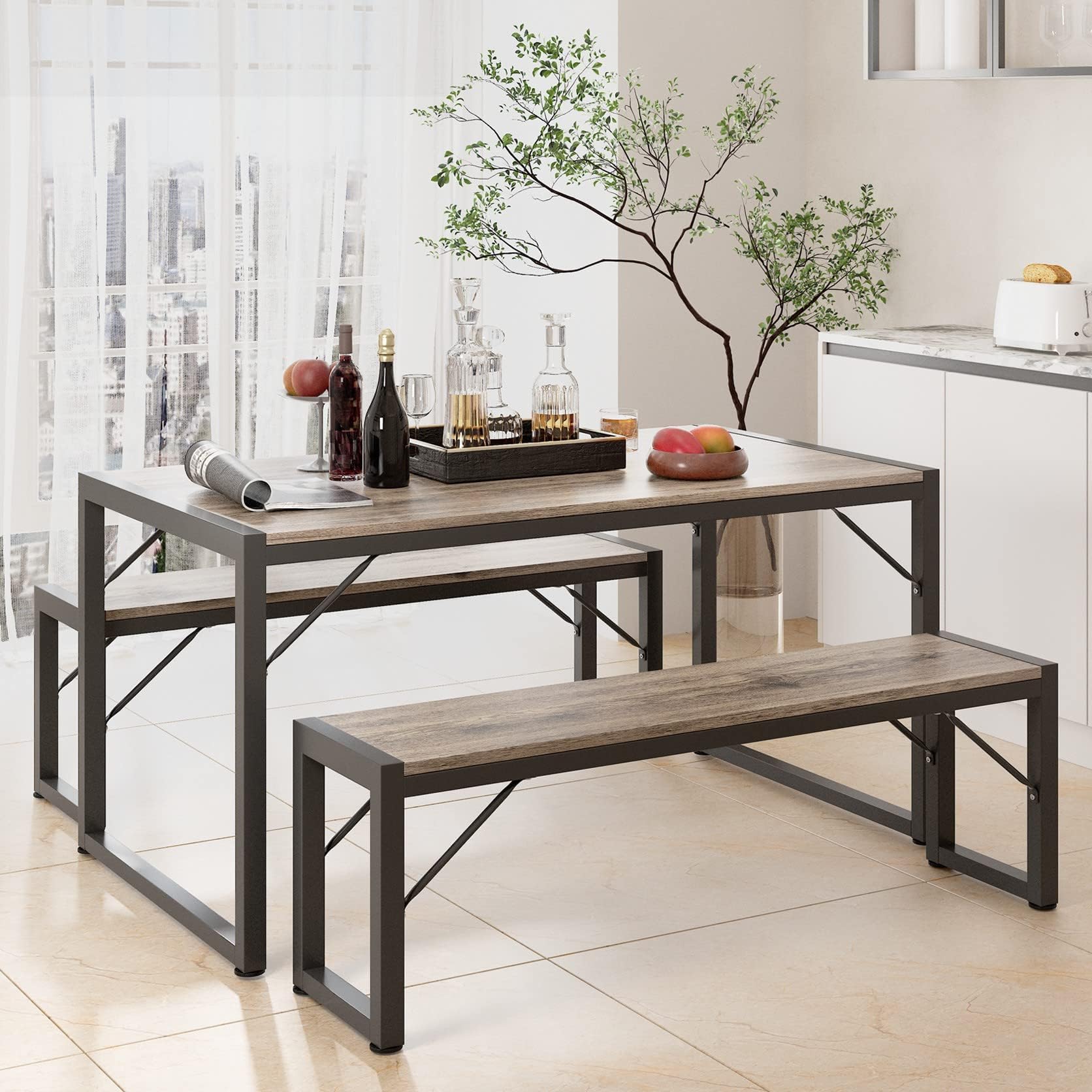Gizoon 45.5" Dining Table Set for 4 with 2 Benches, Kitchen Table Set with Metal Frame & MDF Board, Space-Saving Dinette for Kitchen, Dining Room -Black