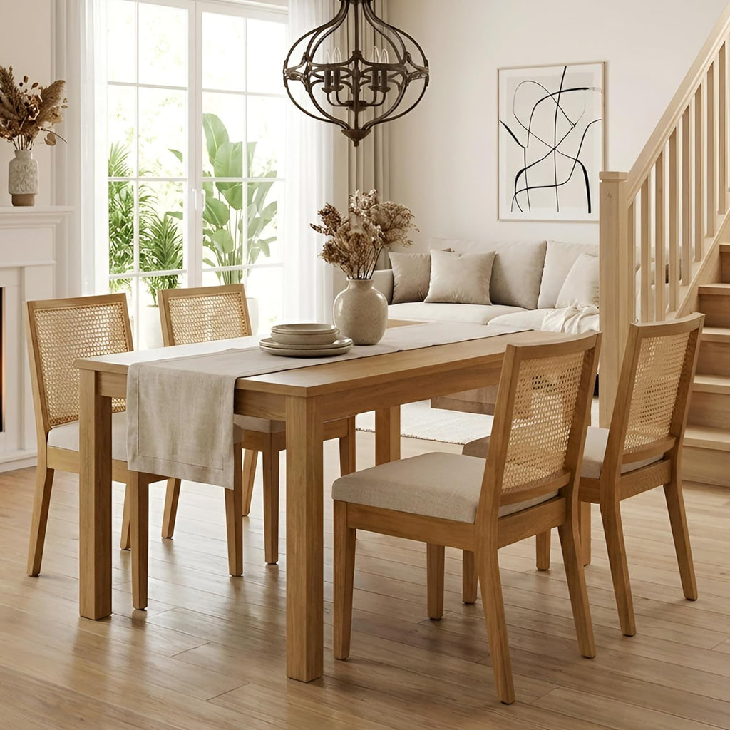 HNY Farmhouse Rattan Dining Chairs Set of 4, Natural Solid Hardwood Frame, Upholstered Linen Seat, Ergonomic Cane Back Dining Room Chairs for Kitchen, Dining Room, Apartment, Beige
