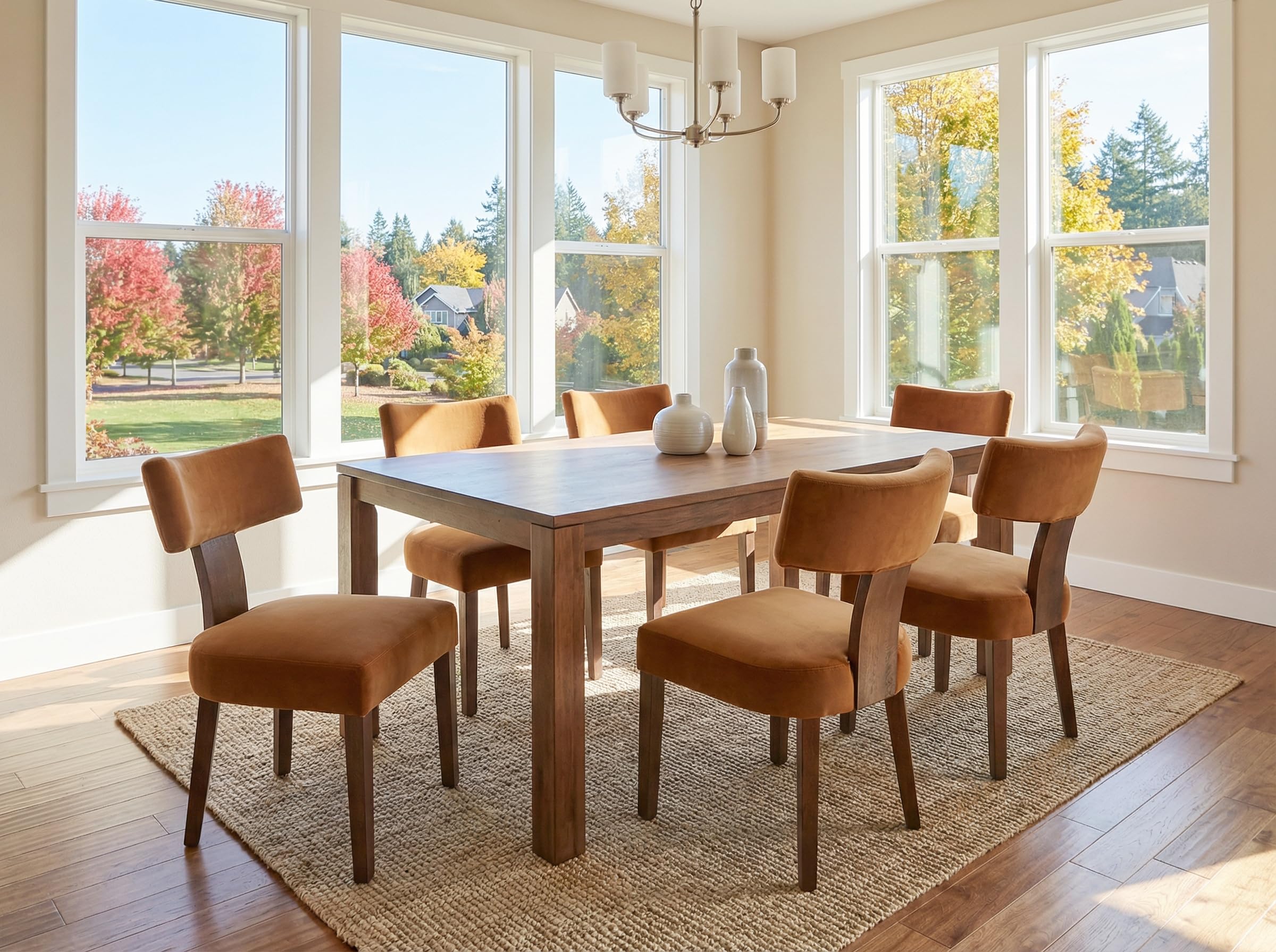 RIVOVA Rattan Dining Chairs Set of 4, Mid Century Modern Dining Chair Upholstered Linen Fabric Kitchen Side Chair, Modern Kitchen Armless Solid Wood Dining Chairs, Beige