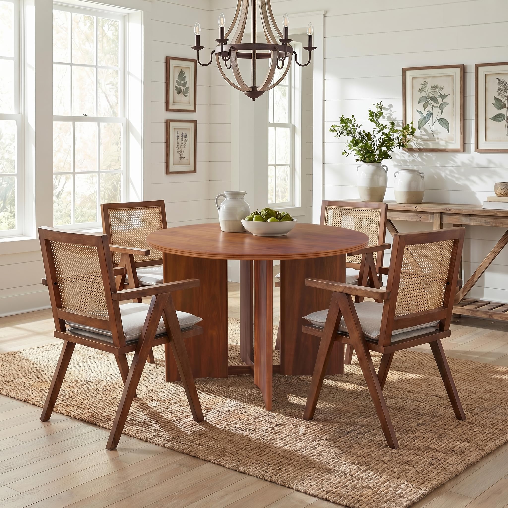 Hyfirm Rattan Dining Chairs Set of 2, Cane Back Wooden Kitchen Chairs with Bamboo Wicker Seat Mid Century Modern Side Chairs with Arms, Walnut