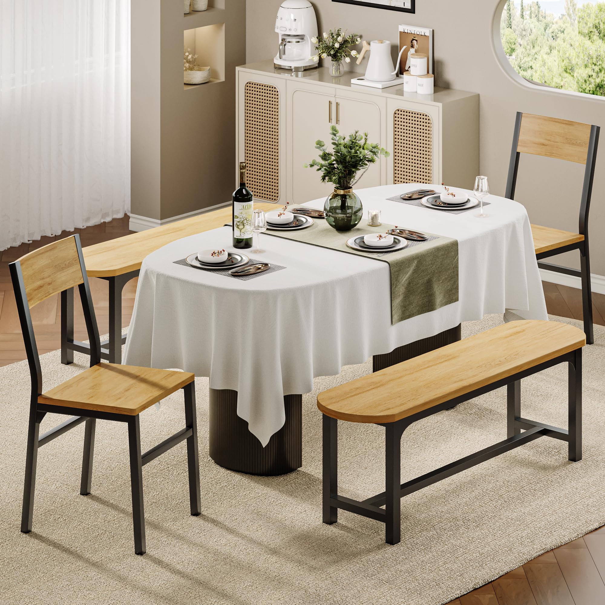Feonase Dining Chairs and Benches Set of 4, Modern Dining Room Chairs with Ergonomic Backrest, Wood Structure & Metal Legs, for Kitchen, Dining Room, Space-Saving, Easy to Assemble & Clean, Natural