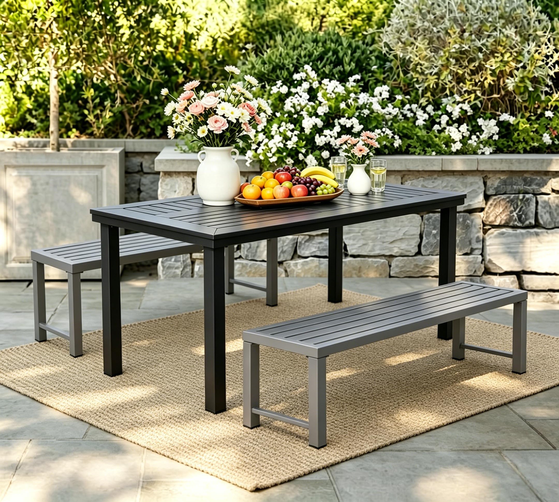 Patio Dining Set, HDPE Outdoor Dining Table with 2 Benches, All-Weather Steel Frame Outdoor Furniture for Backyard BBQ, Family Gatherings, Deck & Garden