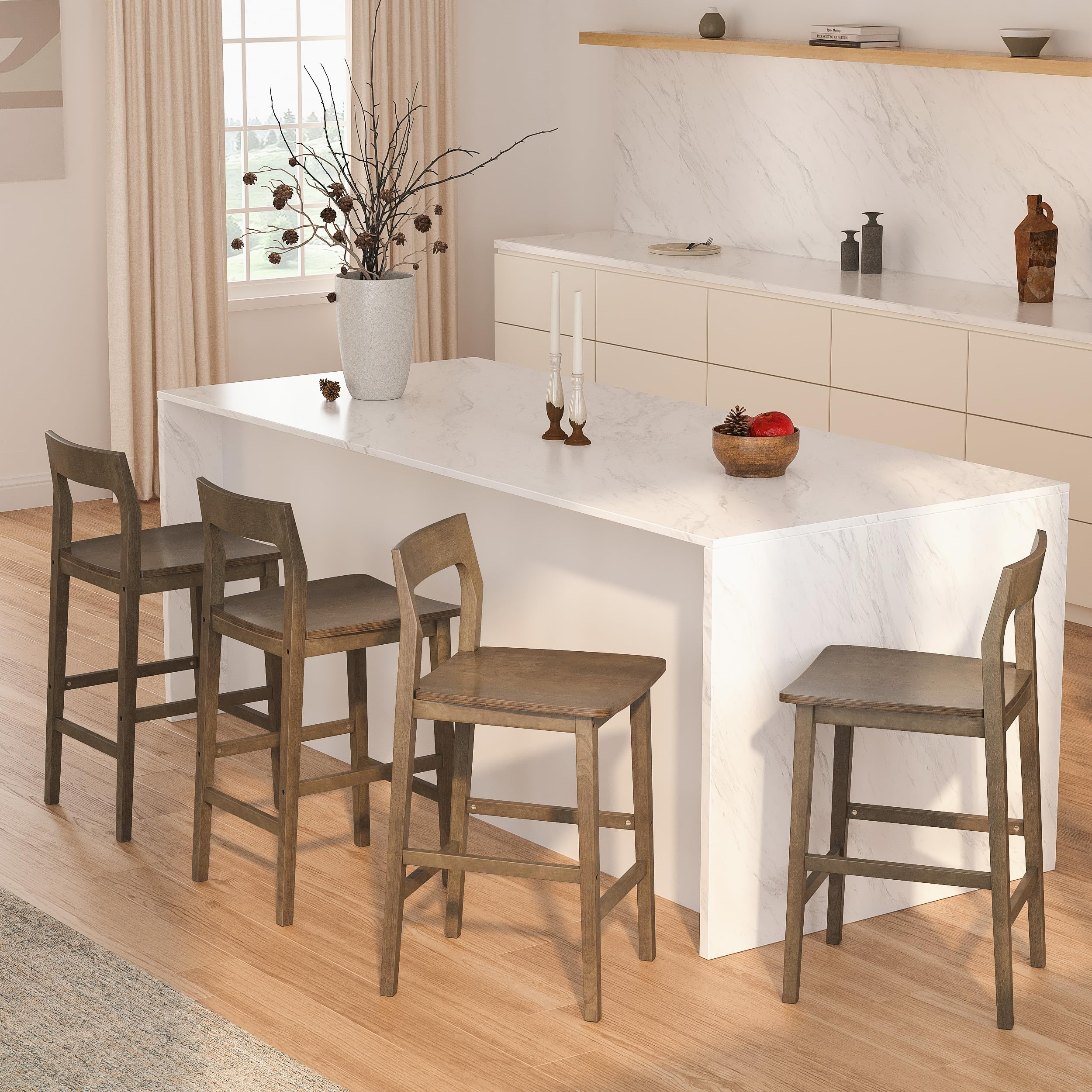 EYYTHUNG Counter Height Stools Set of 3, Farmhouse 25” Bar Stools with Solid Wood Legs & Back, Mid Century Modern Barstools Chairs for Kitchen Island, Dining Room, Cafe, Pub, Dark Oak