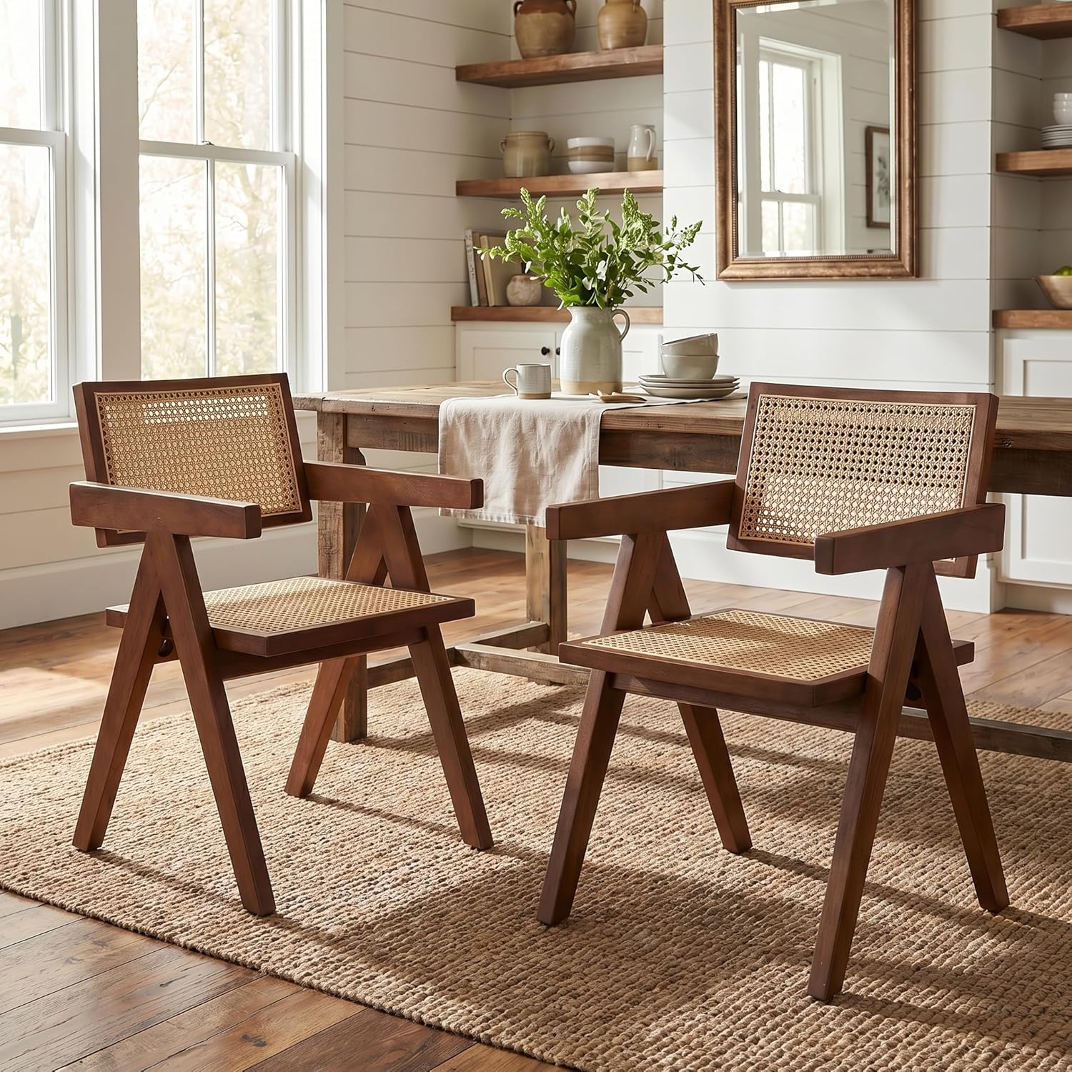 Hyfirm Rattan Dining Chairs Set of 2, Cane Back Wooden Kitchen Chairs with Bamboo Wicker Seat Mid Century Modern Side Chairs with Arms, Walnut