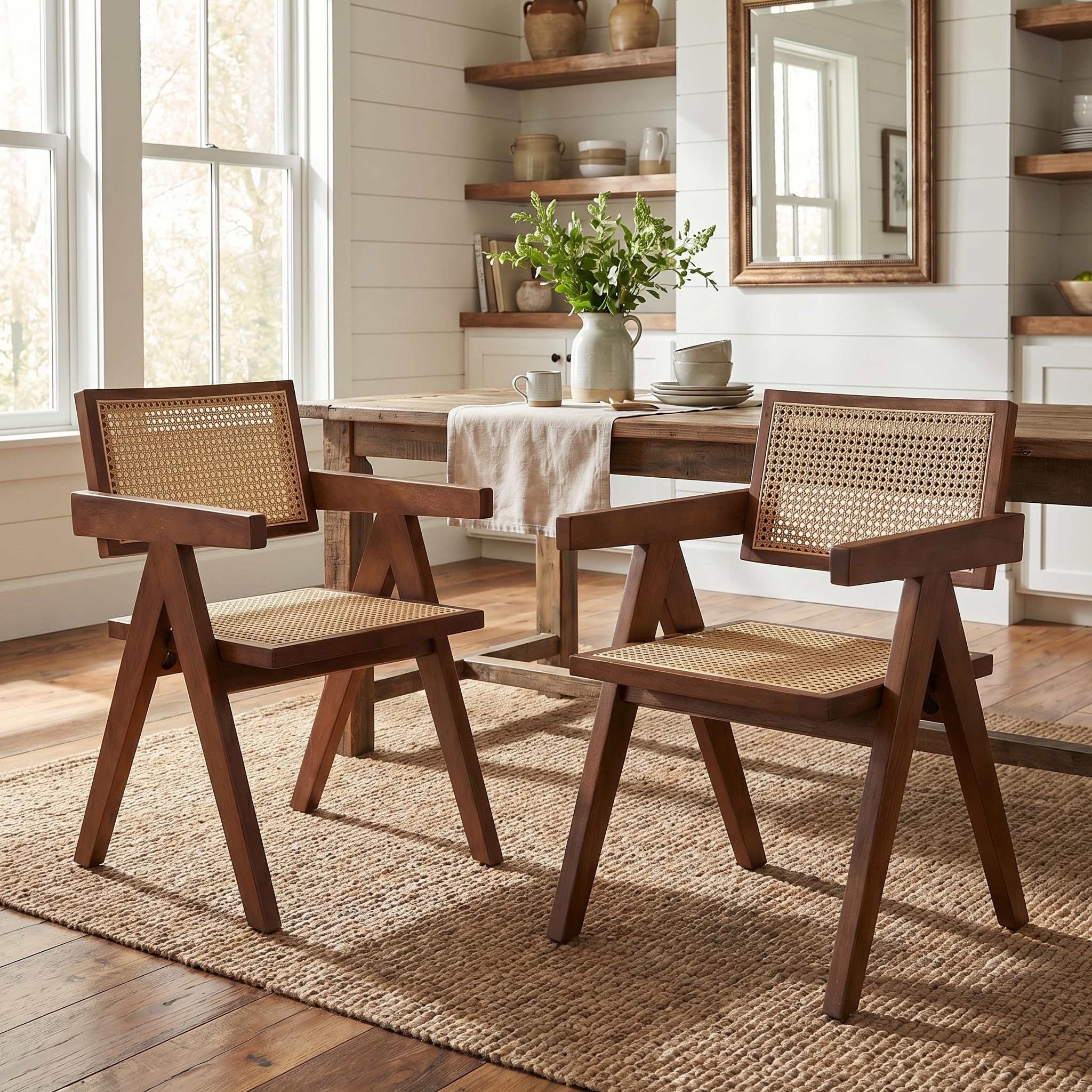 Hyfirm Rattan Dining Chairs Set of 2, Cane Back Wooden Kitchen Chairs with Bamboo Wicker Seat Mid Century Modern Side Chairs with Arms, Walnut