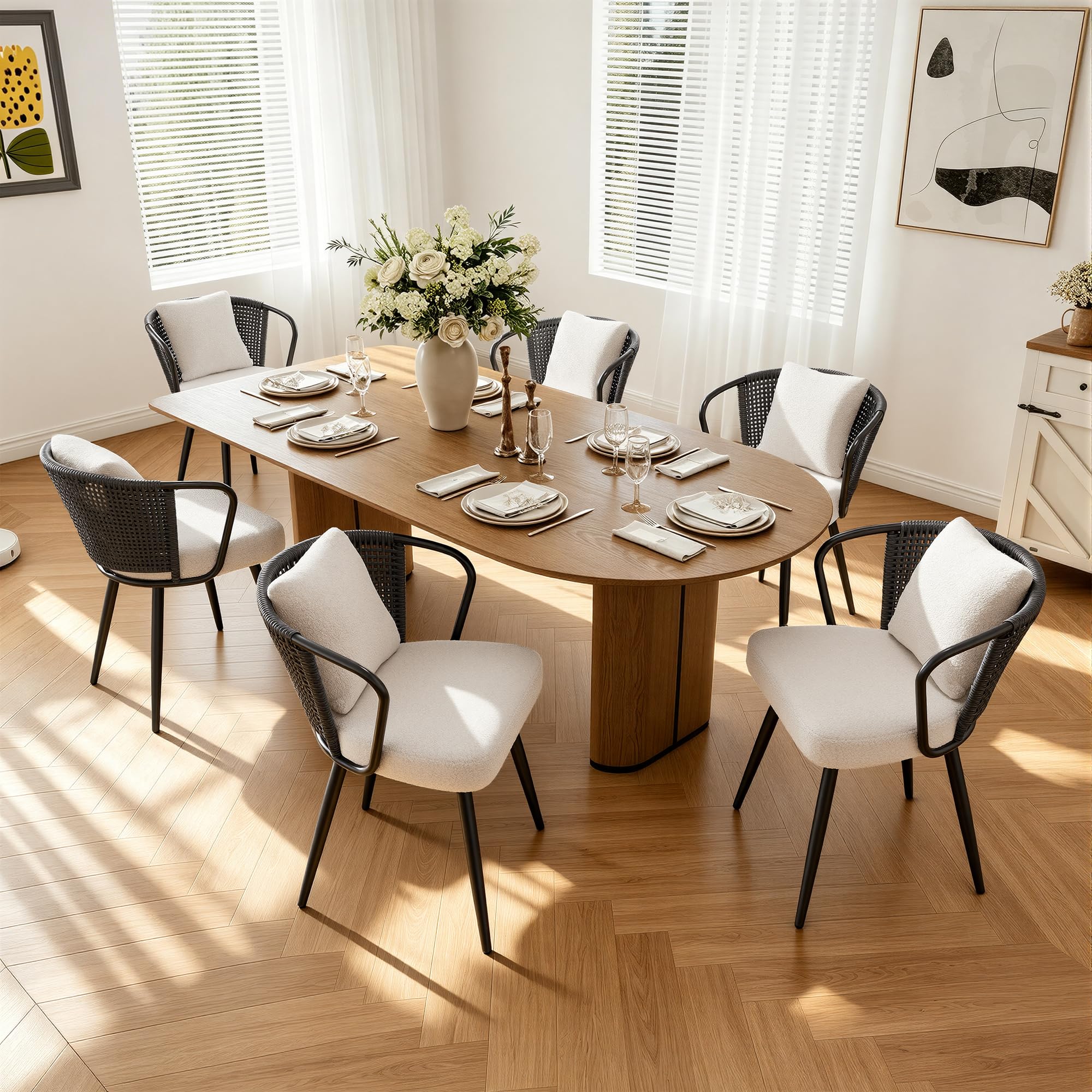 Rattan Dining Chairs Set of 4, Modern Upholstered Kitchen Chair with Metal Legs, Ergonomic Curved Backrest, Mid Century Living Room Chairs with Throw Pillow, Natural