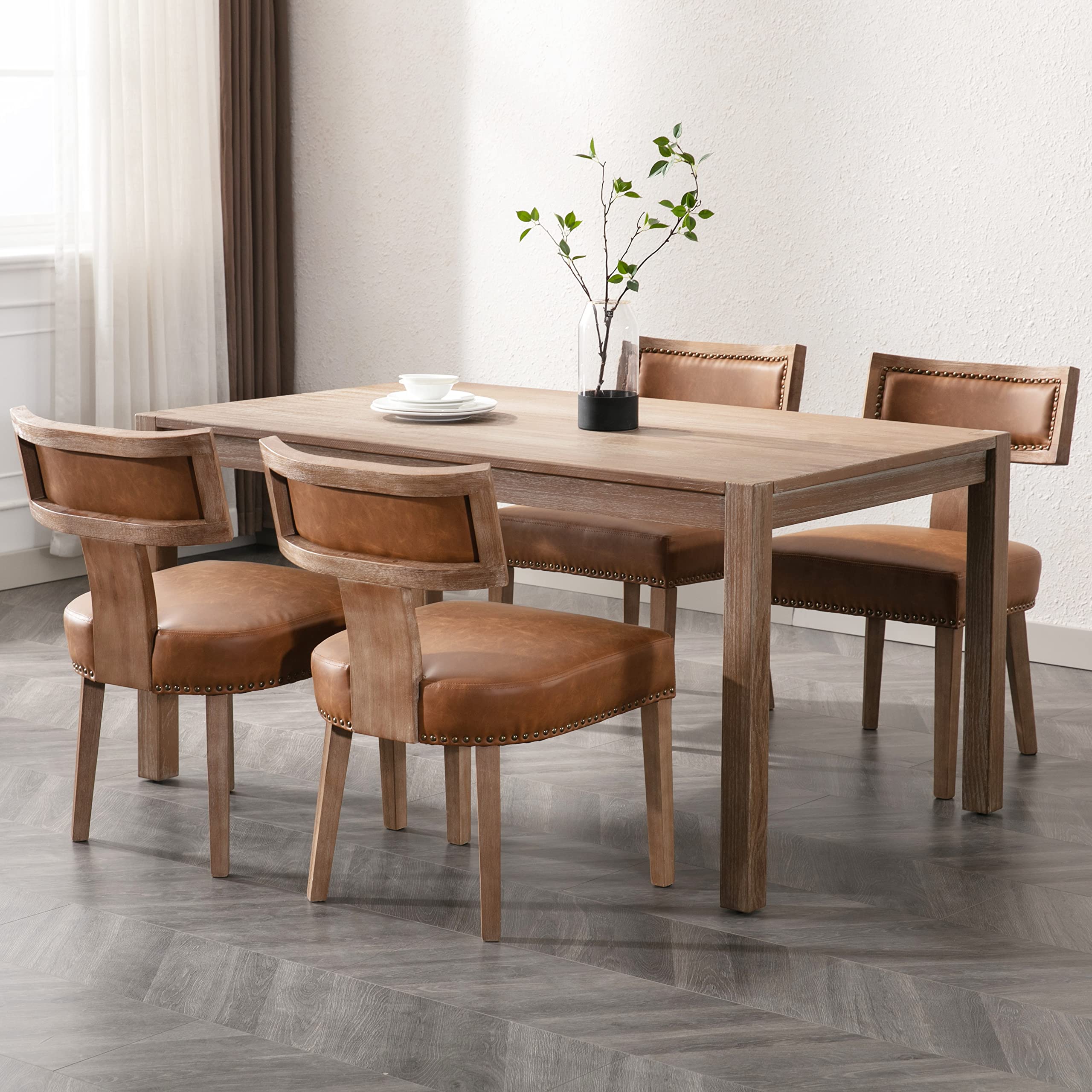 RIVOVA Rattan Dining Chairs Set of 4, Mid Century Modern Dining Chair Upholstered Linen Fabric Kitchen Side Chair, Modern Kitchen Armless Solid Wood Dining Chairs, Beige