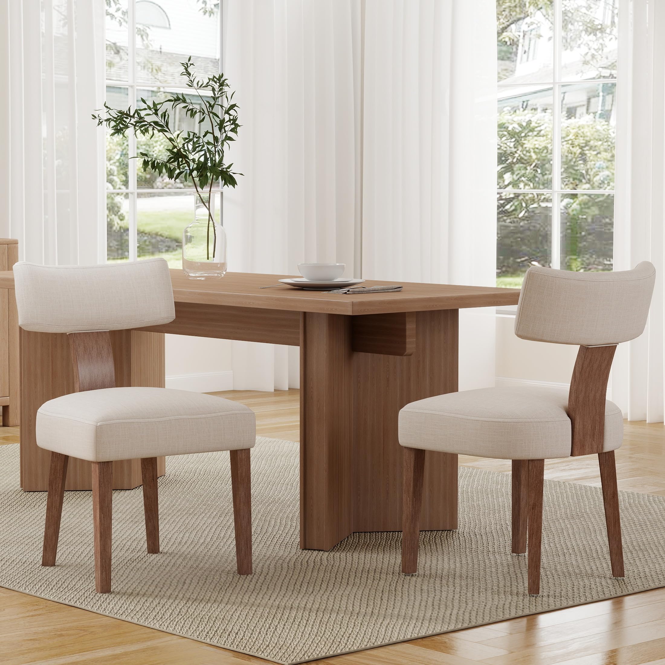 RIVOVA Rattan Dining Chairs Set of 4, Mid Century Modern Dining Chair Upholstered Linen Fabric Kitchen Side Chair, Modern Kitchen Armless Solid Wood Dining Chairs, Beige
