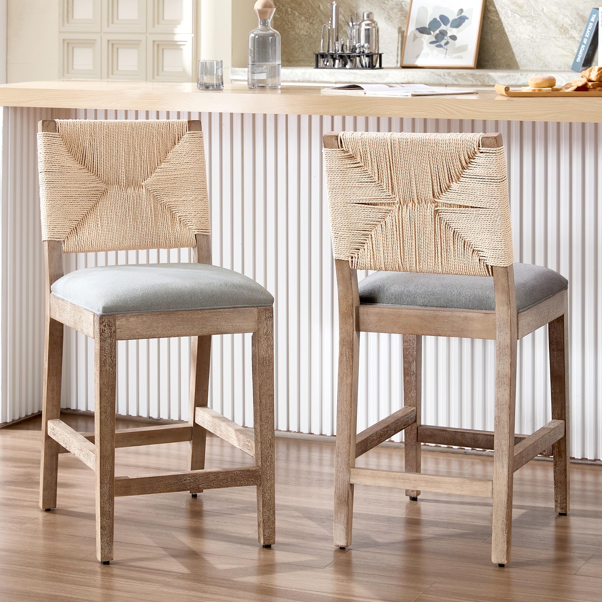 Modern Bar Stools Set of 2 Counter Height Barstools High Back Mid-Century Faux Leather Bar Chairs Solid Wood Kitchen Bar Stools for Kitchen Island Leather Beige 24IN