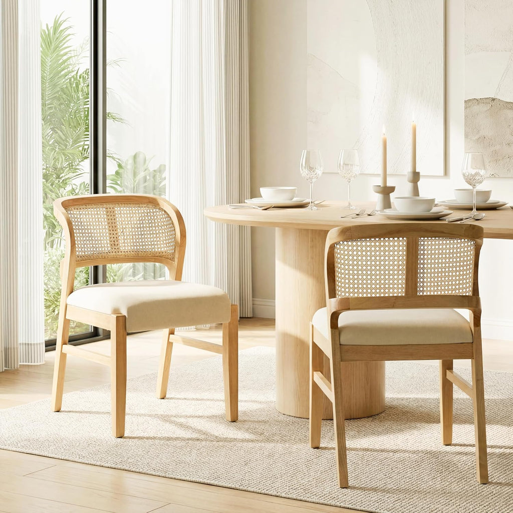 Christopher Knight Home Cayde Upholstered Dining Chairs Set of 2, Kitchen Side Chair with Cane Backrest, Rubberwood Dining Room Chair, Extra Seat for Living Room, Natural+Beige