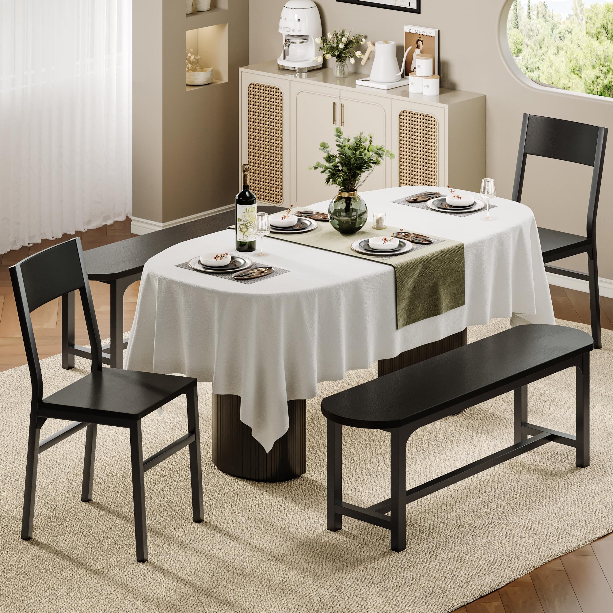 Feonase Dining Chairs and Benches Set of 4, Modern Dining Room Chairs with Ergonomic Backrest, Wood Structure & Metal Legs, for Kitchen, Dining Room, Space-Saving, Easy to Assemble & Clean, Natural