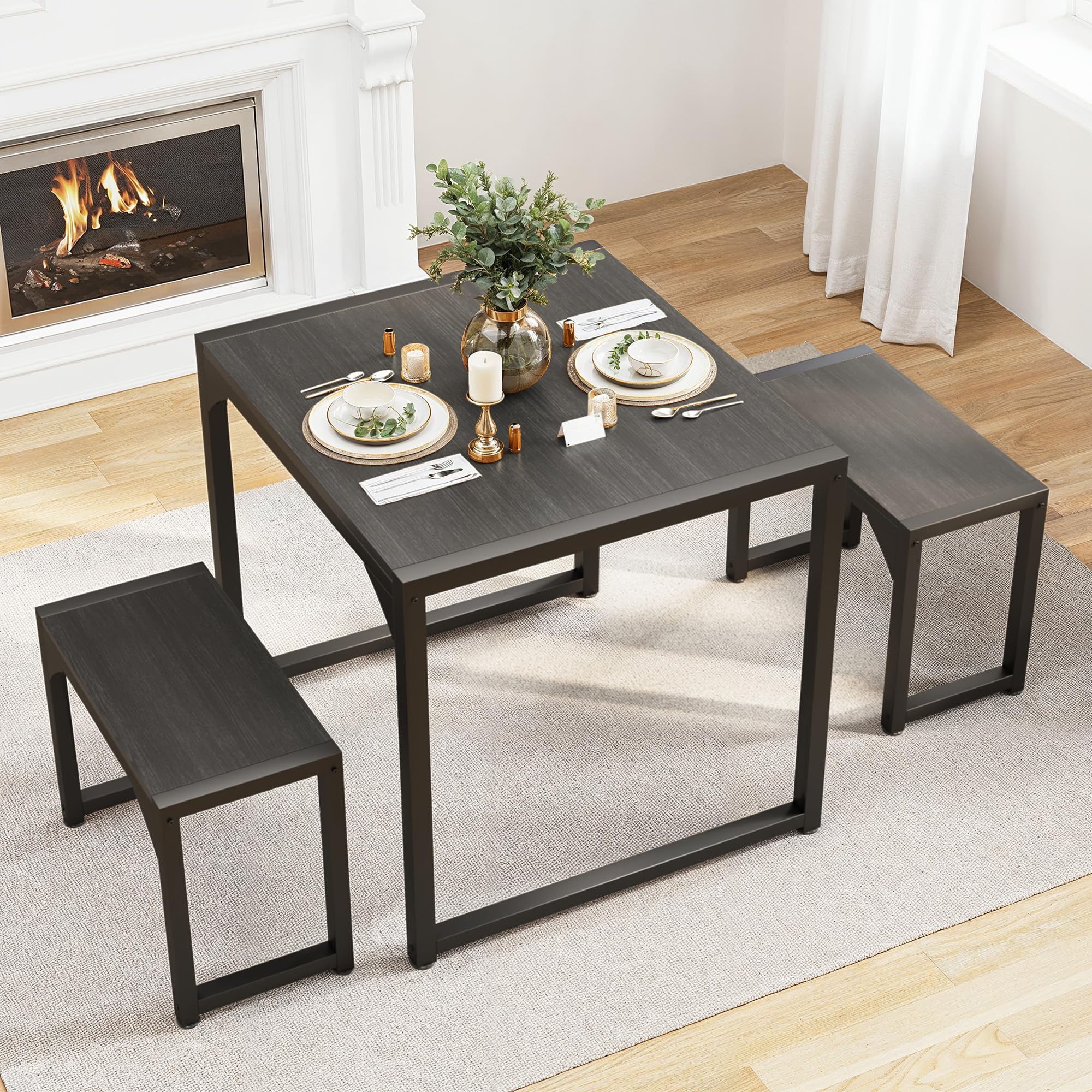 Gizoon 45.5" Dining Table Set for 4 with 2 Benches, Kitchen Table Set with Metal Frame & MDF Board, Space-Saving Dinette for Kitchen, Dining Room -Black