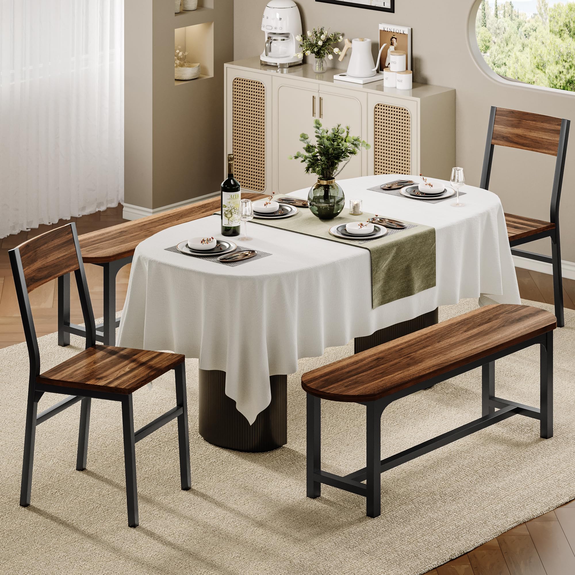 Feonase Dining Chairs and Benches Set of 4, Modern Dining Room Chairs with Ergonomic Backrest, Wood Structure & Metal Legs, for Kitchen, Dining Room, Space-Saving, Easy to Assemble & Clean, Natural