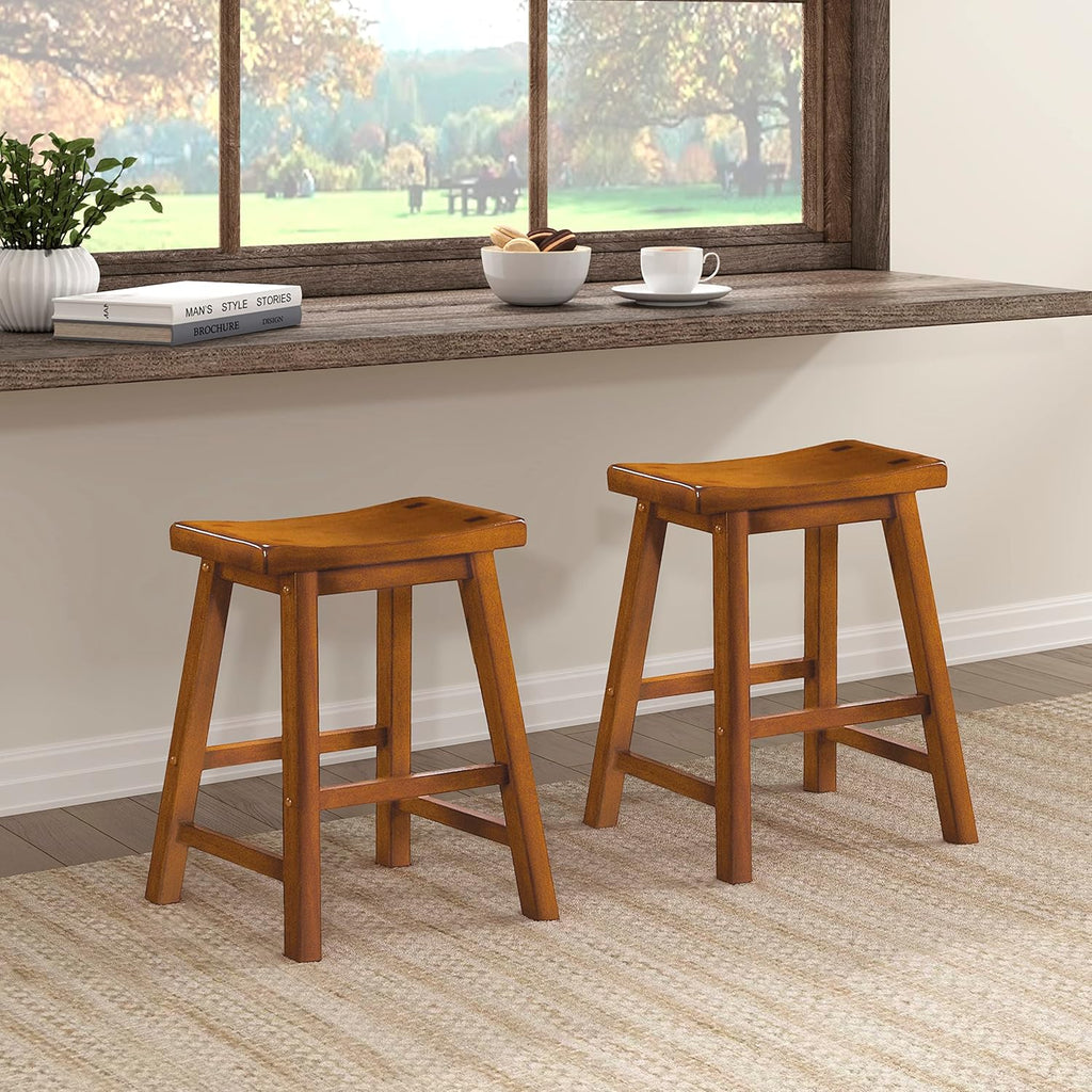 Lexicon Finnian Saddle Solid Wood Stool Set of 2 - Saddle Kitchen Stool Dining Height Stools for Dining, Armless Counter Chair Seating, Perfect Casual - 17.5" SH Oak