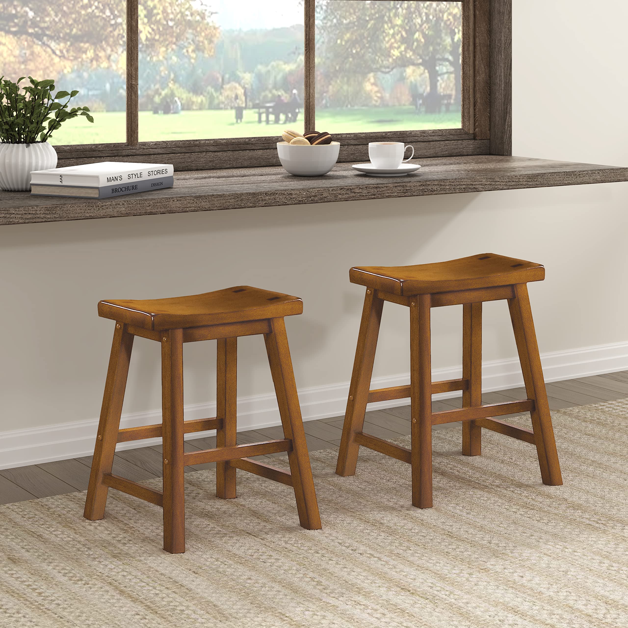 Lexicon Finnian Saddle Solid Wood Counter Height Stool Set of 2 - Saddle Kitchen Stool Dining Height Stools for Dining, Armless Counter Chair Seating, Perfect Casual - 23.5" SH Distressed Cherry
