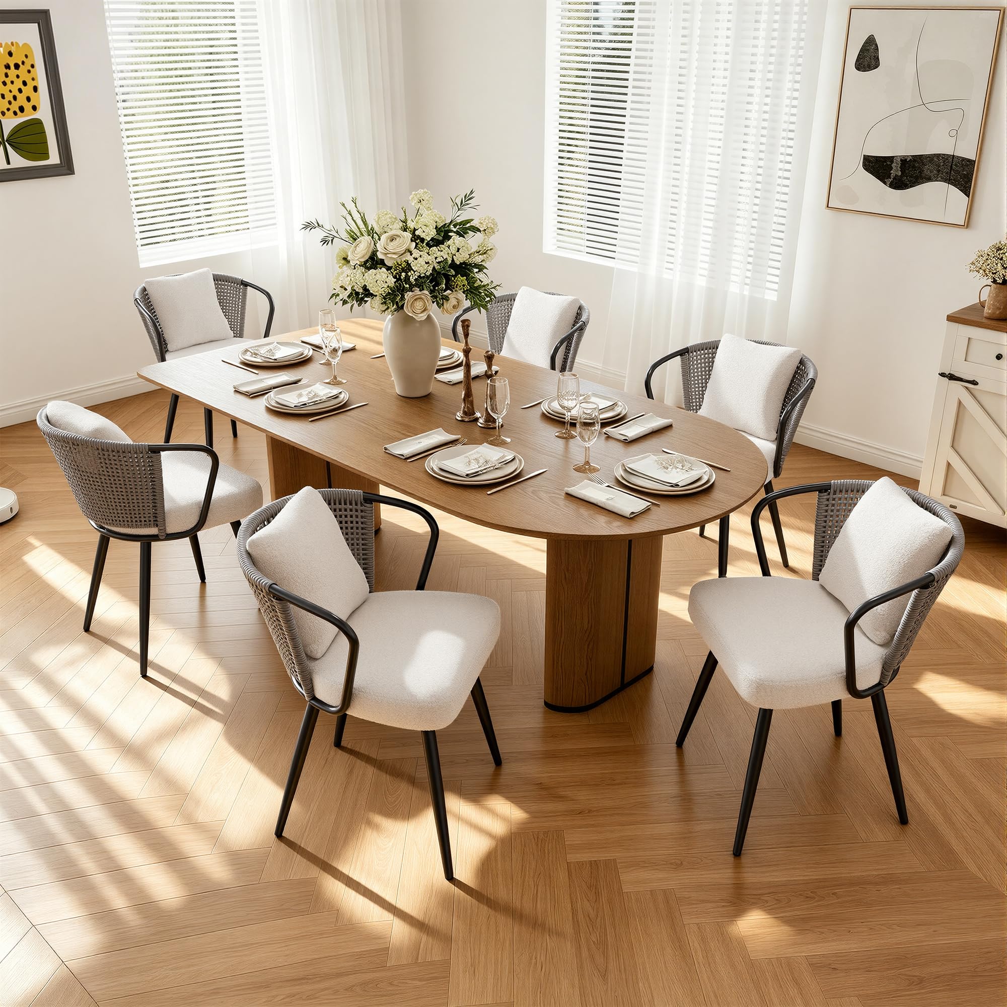 Rattan Dining Chairs Set of 4, Modern Upholstered Kitchen Chair with Metal Legs, Ergonomic Curved Backrest, Mid Century Living Room Chairs with Throw Pillow, Natural