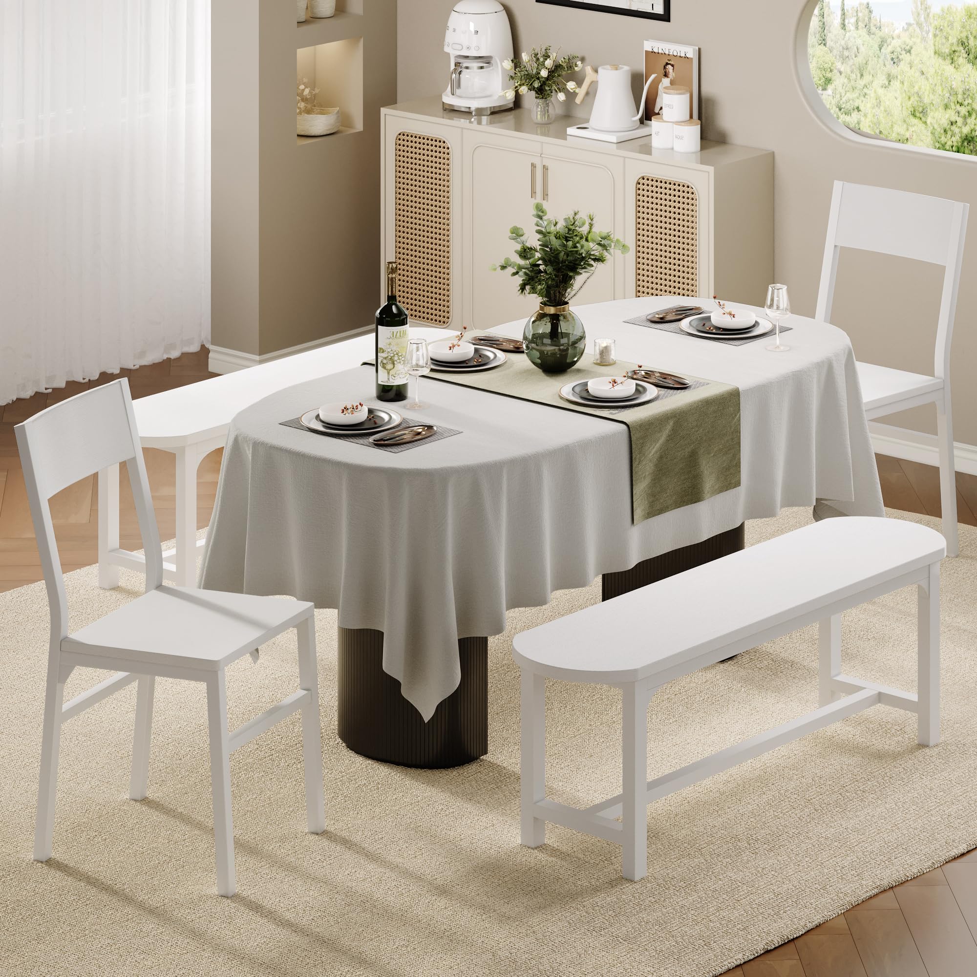 Feonase Dining Chairs and Benches Set of 4, Modern Dining Room Chairs with Ergonomic Backrest, Wood Structure & Metal Legs, for Kitchen, Dining Room, Space-Saving, Easy to Assemble & Clean, Natural
