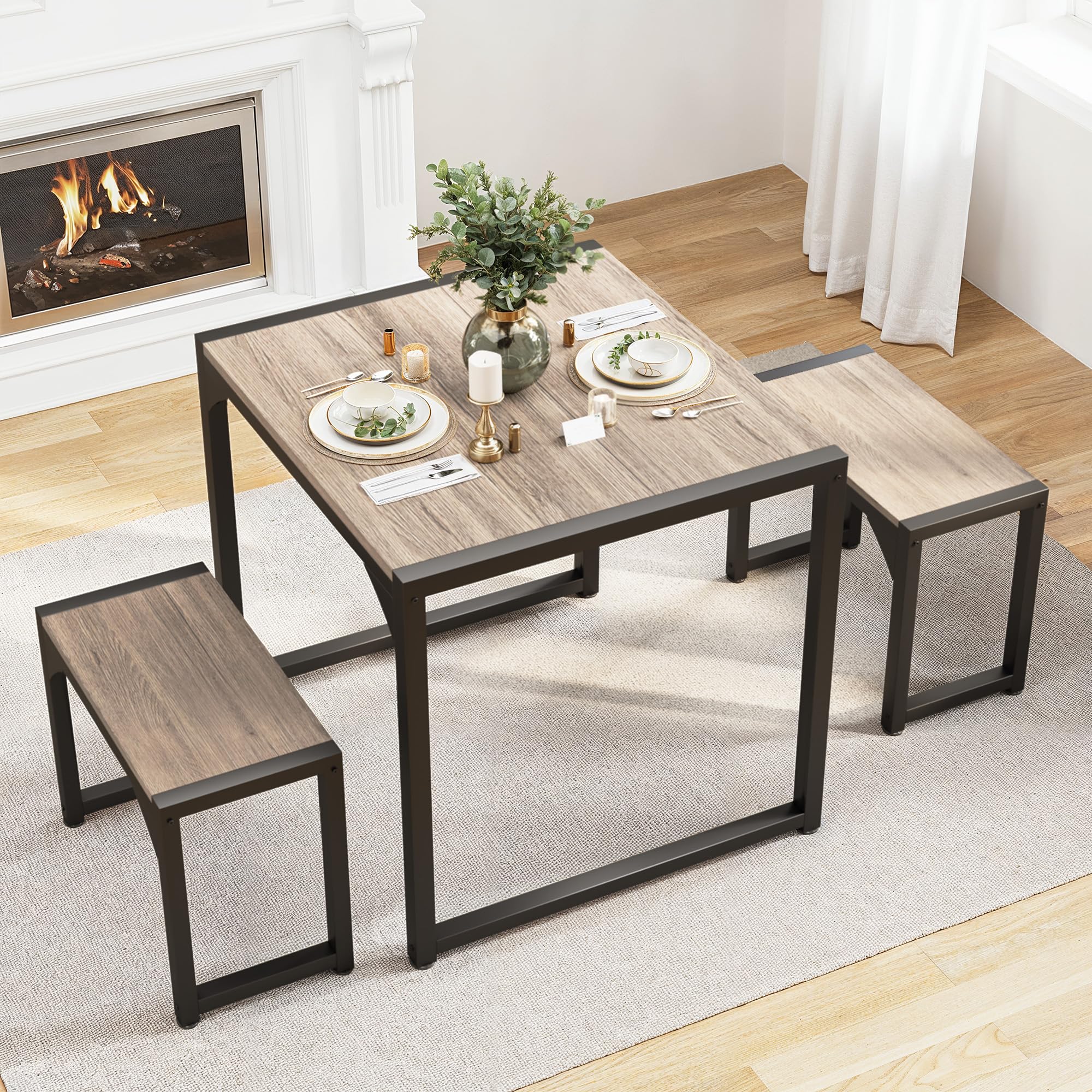 Gizoon 45.5" Dining Table Set for 4 with 2 Benches, Kitchen Table Set with Metal Frame & MDF Board, Space-Saving Dinette for Kitchen, Dining Room -Grey