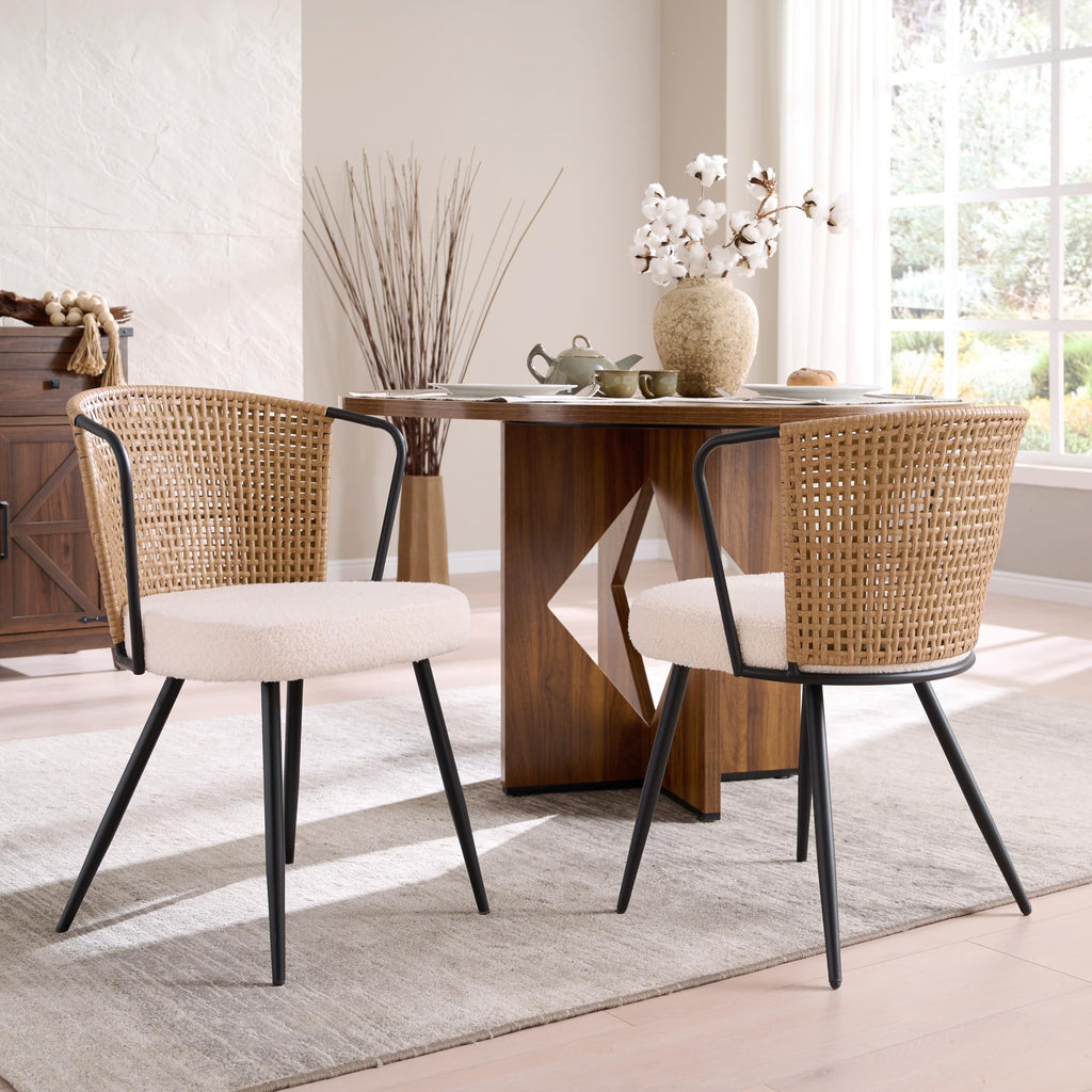 BedsPick Rattan Dining Chairs Set of 4 - Farmhouse Upholstered PE Rattan Kitchen Chair with Boucle Cushion, Wingback Dining Room Seat with Open-weave Cane Back and Metal Legs for Home, Kitchen (Brown)