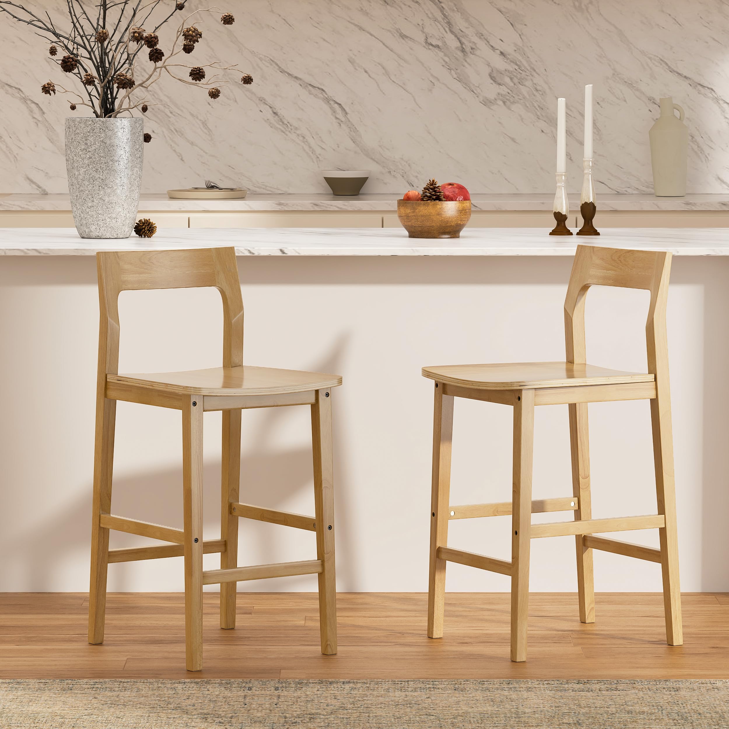 EYYTHUNG Counter Height Stools Set of 3, Farmhouse 25” Bar Stools with Solid Wood Legs & Back, Mid Century Modern Barstools Chairs for Kitchen Island, Dining Room, Cafe, Pub, Dark Oak
