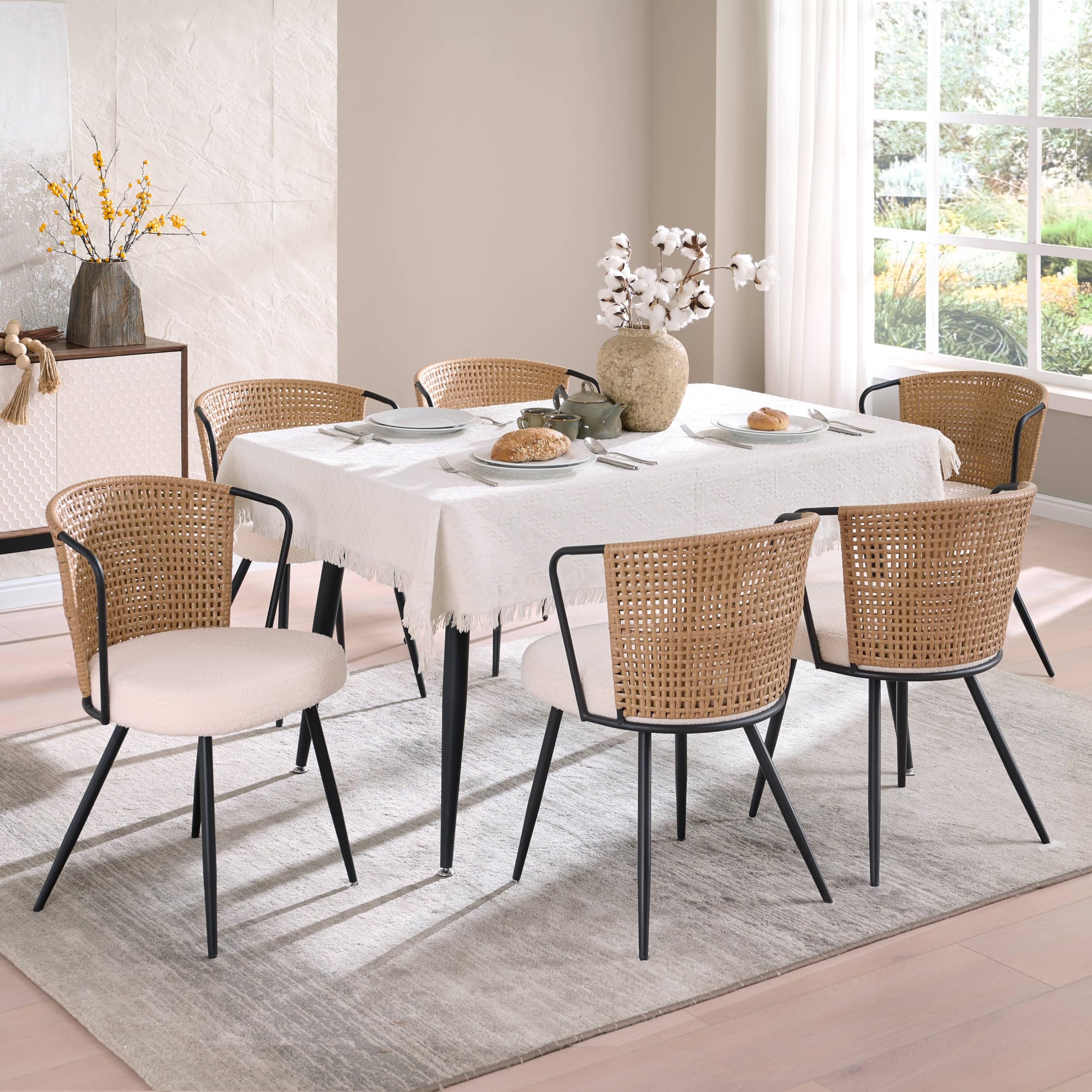 BedsPick Rattan Dining Chairs Set of 4 - Farmhouse Upholstered PE Rattan Kitchen Chair with Boucle Cushion, Wingback Dining Room Seat with Open-weave Cane Back and Metal Legs for Home, Kitchen (Brown)