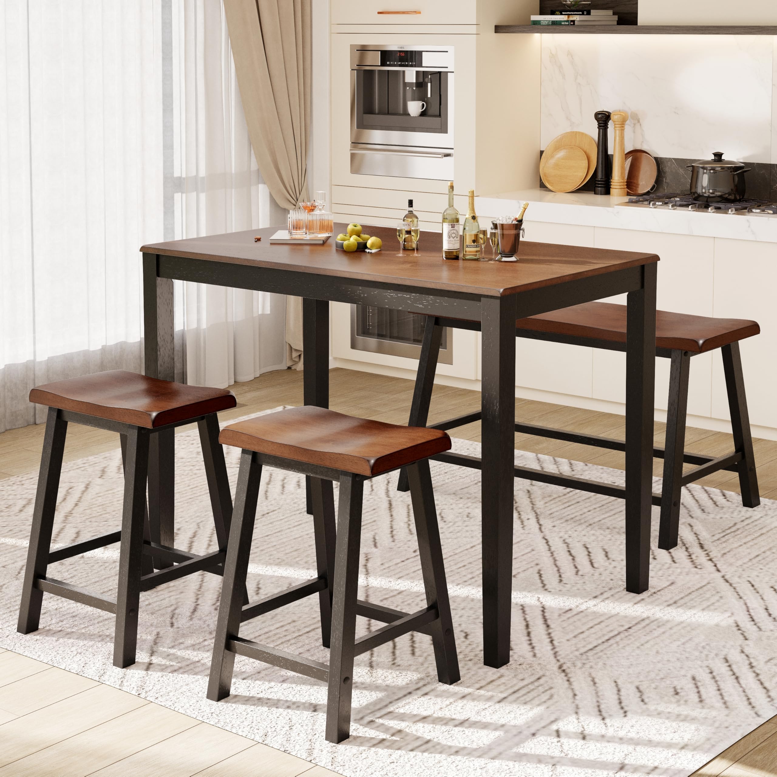 PHI VILLA Farmhouse Dining Table Set for 4 Small Space, Counter Height Table and Chairs with Bench, Rustic Solid Wood High Top Kitchen Table Set for Dining Room and Kitchen, Rustic Caramel Brown