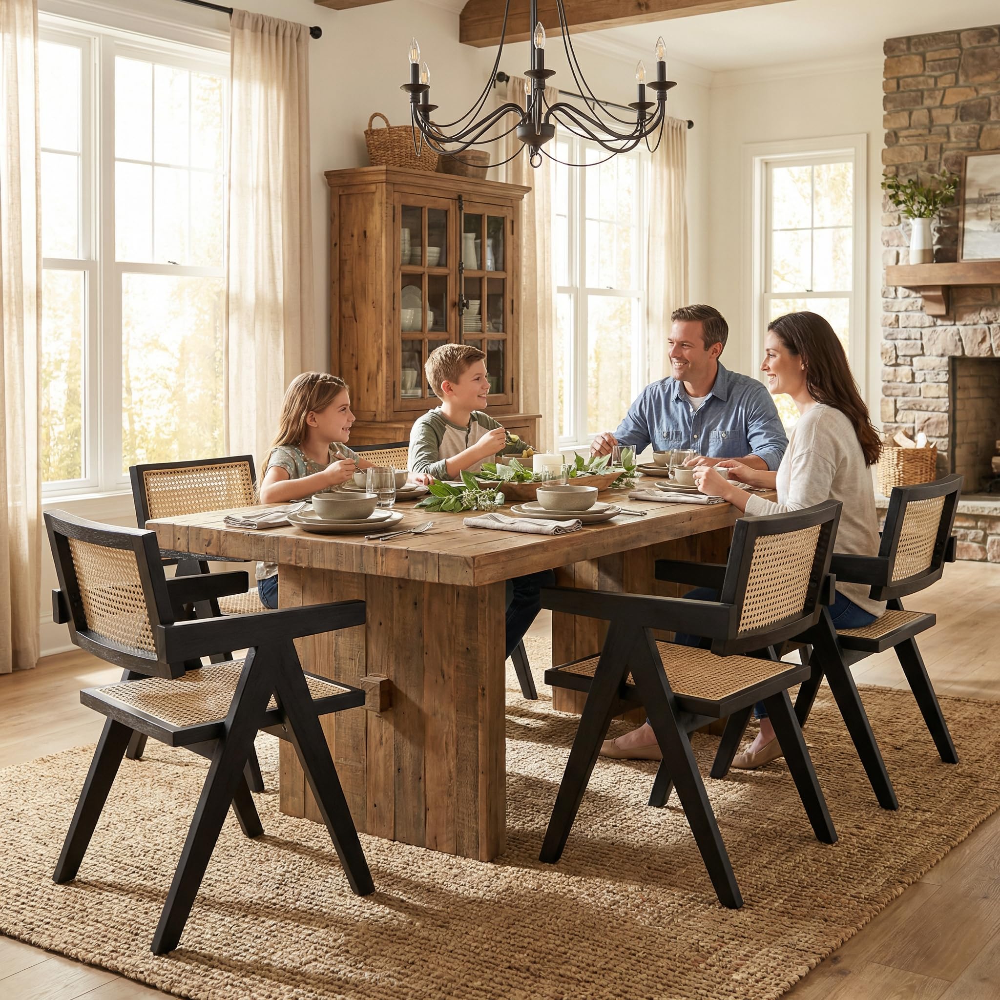 Hyfirm Rattan Dining Chairs Set of 2, Cane Back Wooden Kitchen Chairs with Bamboo Wicker Seat Mid Century Modern Side Chairs with Arms, Walnut