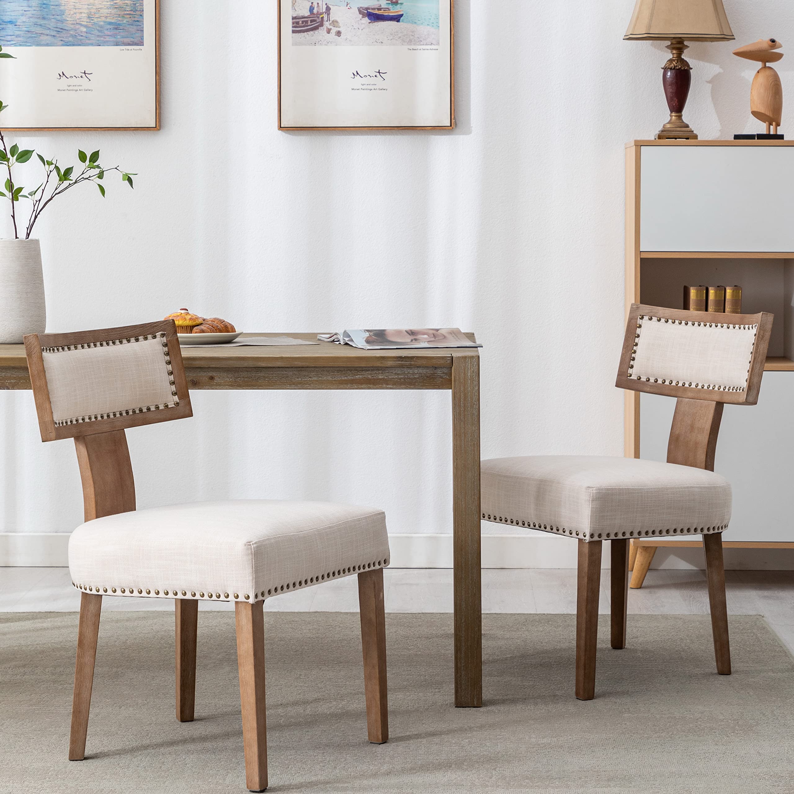 RIVOVA Rattan Dining Chairs Set of 4, Mid Century Modern Dining Chair Upholstered Linen Fabric Kitchen Side Chair, Modern Kitchen Armless Solid Wood Dining Chairs, Beige