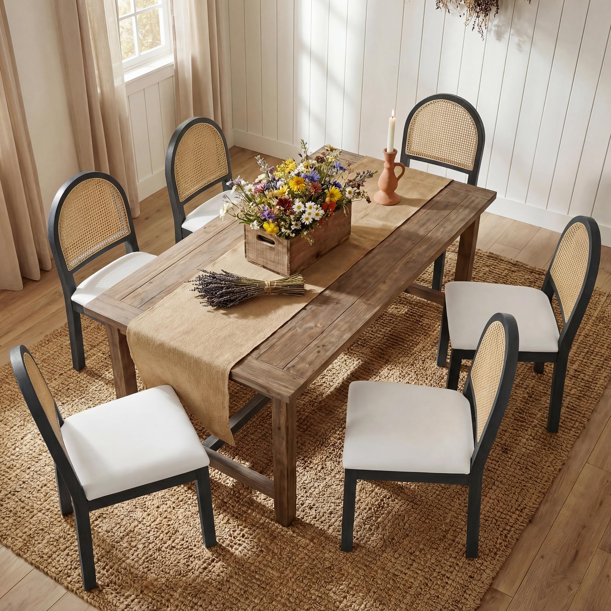 STHOUYN Upholstered Rattan Dining Chairs Set of 4, Farmhouse Solid Wood Dining Room Chair with Natural Rattan Woven Back and Chenille Seat, Mid-Century Modern Wooden Kitchen Chairs (4, Cream White)