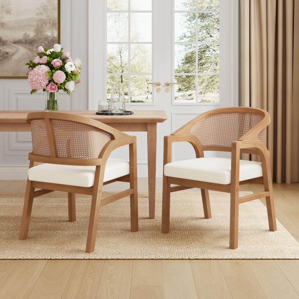 Christopher Knight Home Faritel Modern Wooden Dining Chairs Set of 2, Fabric Upholstered Kitchen Side Armchairs, Living Room Comfy Reading Chair with Curved Rattan Back, Walnut+Beige