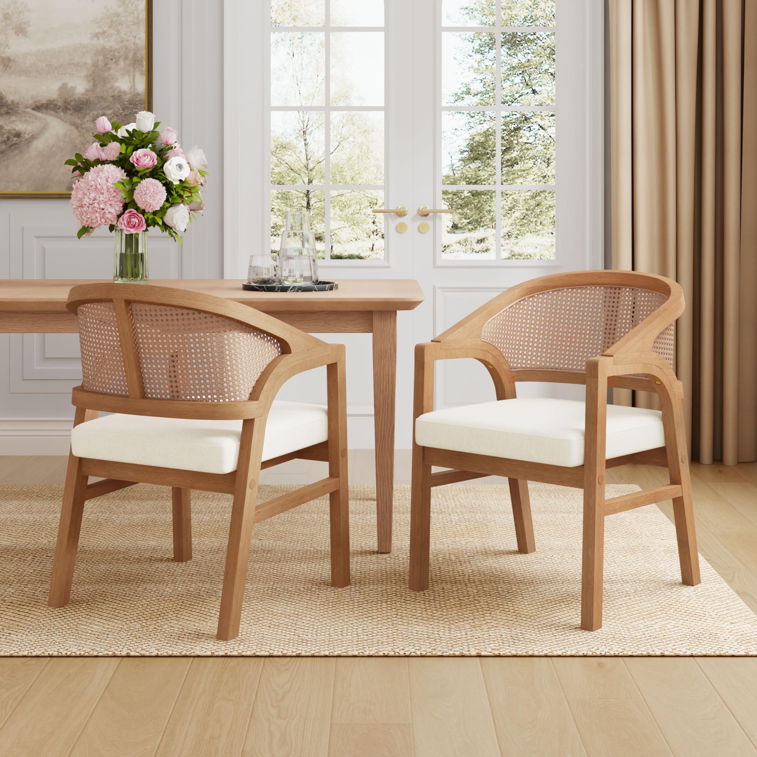 Christopher Knight Home Faritel Modern Wooden Dining Chairs Set of 2, Fabric Upholstered Kitchen Side Armchairs, Living Room Comfy Reading Chair with Curved Rattan Back, Walnut+Beige
