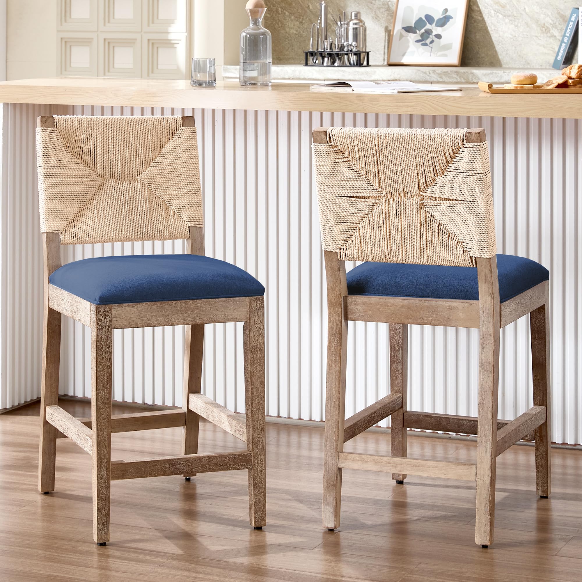 Modern Bar Stools Set of 2 Counter Height Barstools High Back Mid-Century Faux Leather Bar Chairs Solid Wood Kitchen Bar Stools for Kitchen Island Leather Beige 24IN