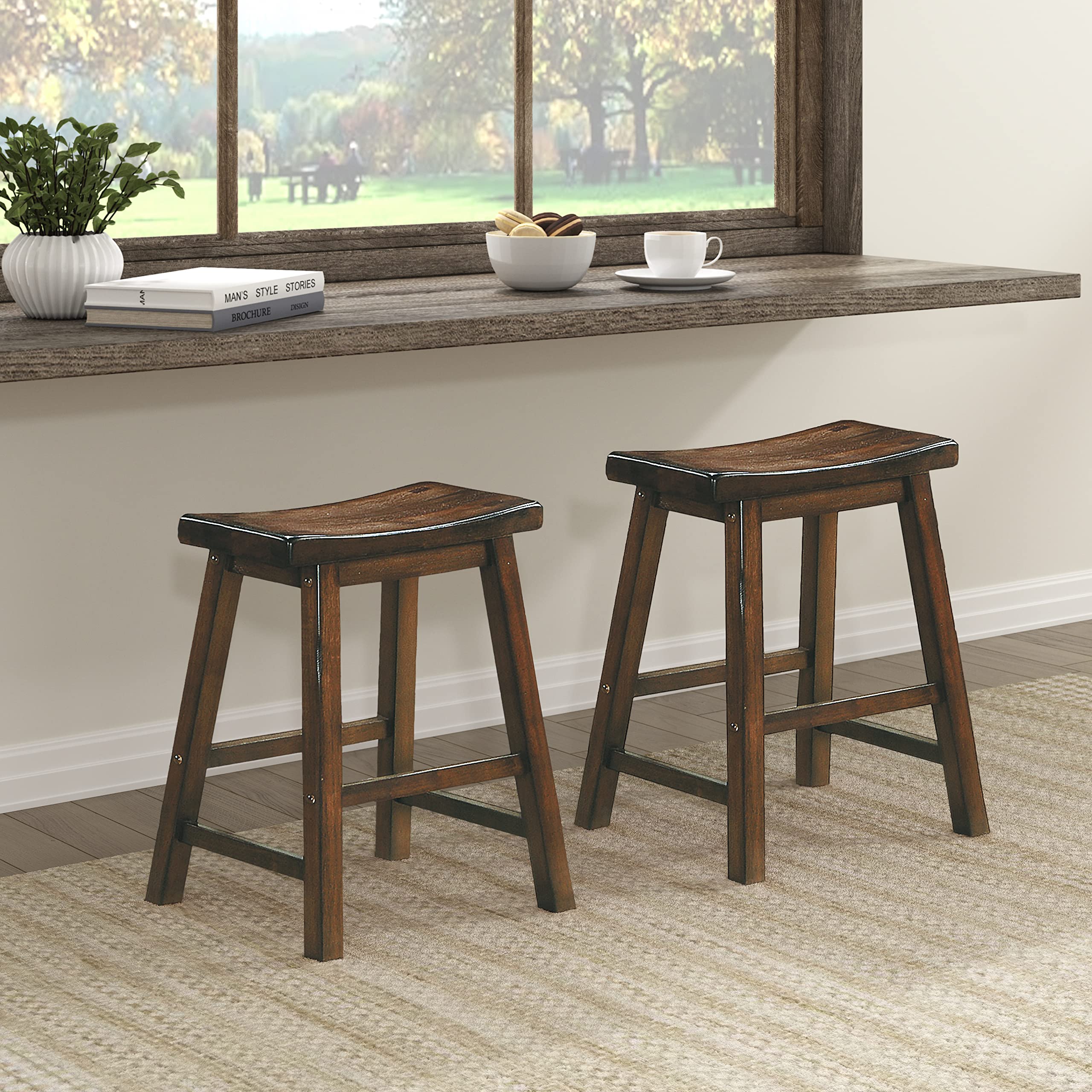 Lexicon Finnian Saddle Solid Wood Stool Set of 2 - Saddle Kitchen Stool Dining Height Stools for Dining, Armless Counter Chair Seating, Perfect Casual - 17.5" SH Oak