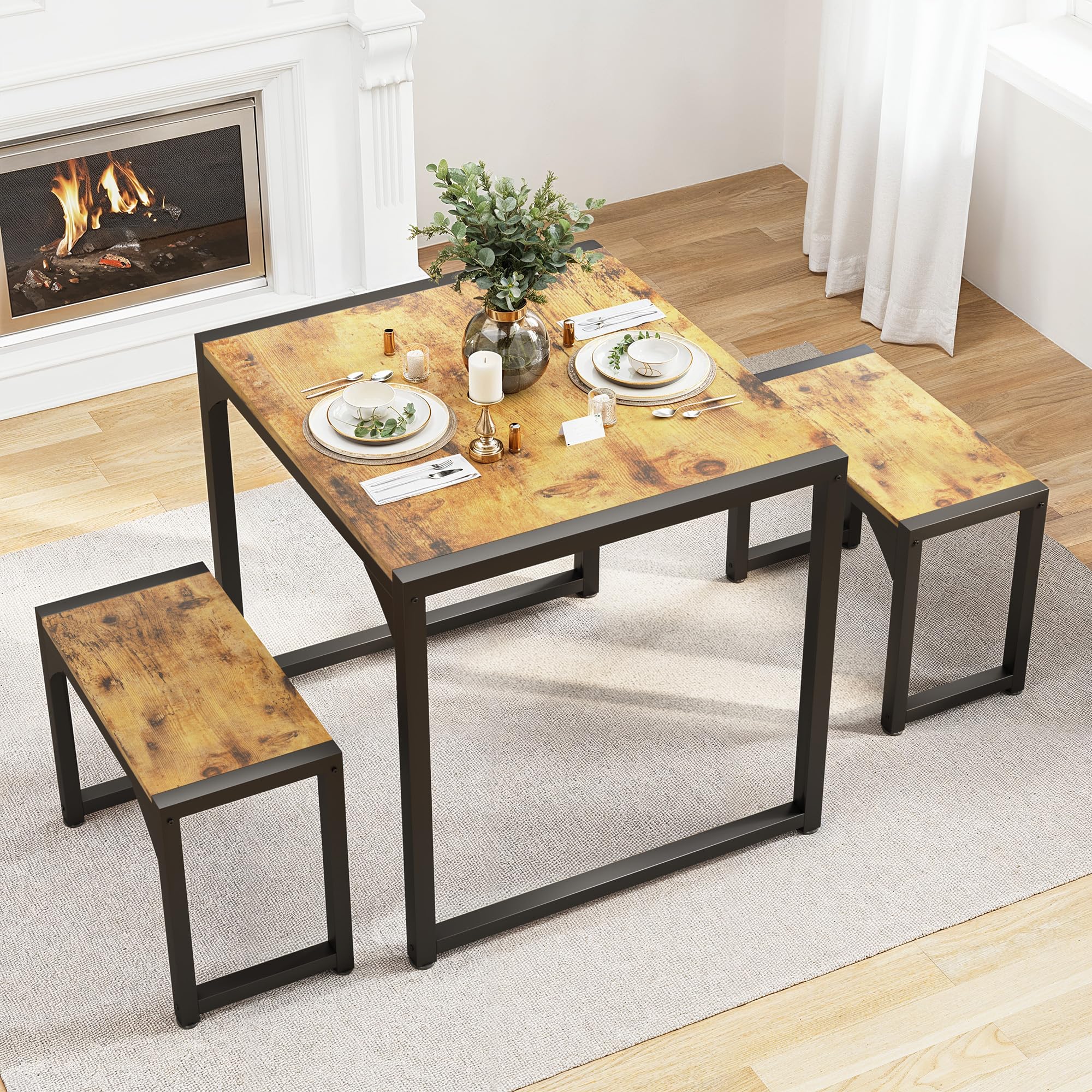Gizoon 45.5" Dining Table Set for 4 with 2 Benches, Kitchen Table Set with Metal Frame & MDF Board, Space-Saving Dinette for Kitchen, Dining Room -Grey