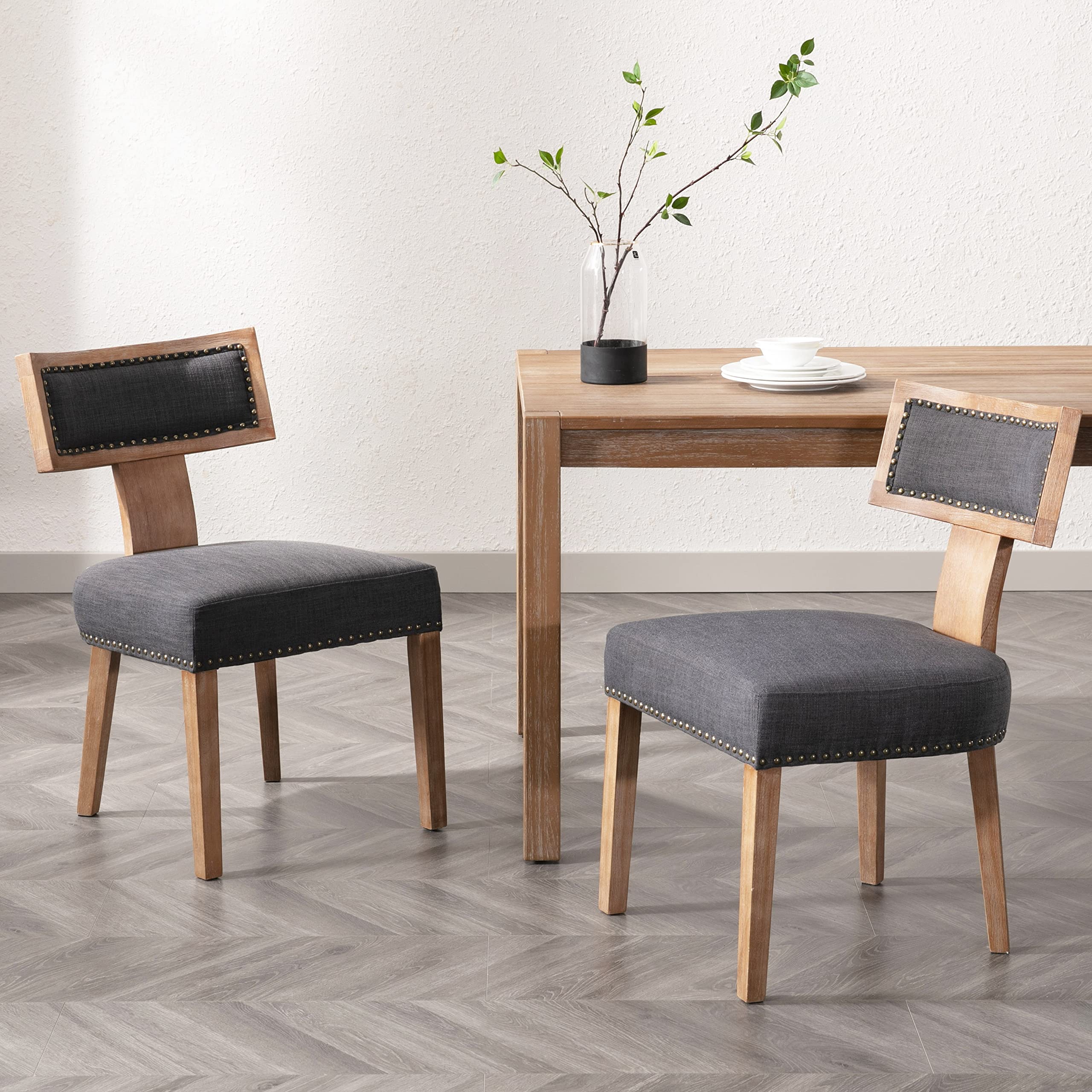 RIVOVA Rattan Dining Chairs Set of 4, Mid Century Modern Dining Chair Upholstered Linen Fabric Kitchen Side Chair, Modern Kitchen Armless Solid Wood Dining Chairs, Beige