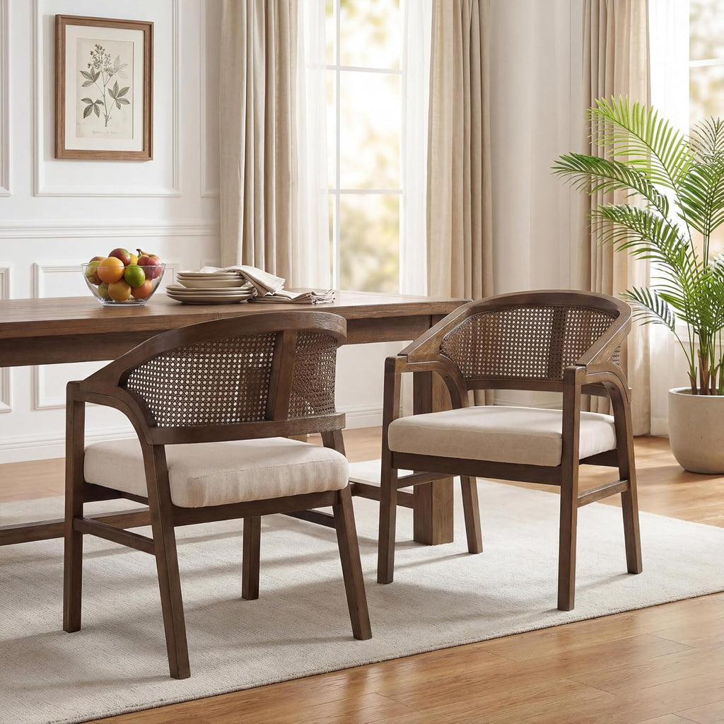 Christopher Knight Home Faritel Modern Wooden Dining Chairs Set of 2, Fabric Upholstered Kitchen Side Armchairs, Living Room Comfy Reading Chair with Curved Rattan Back, Walnut+Beige