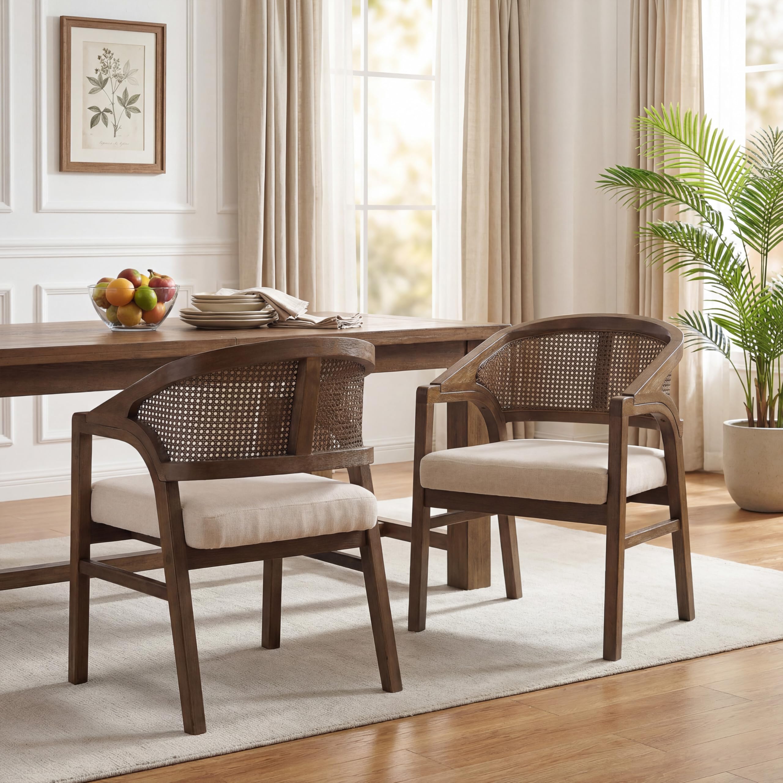 Christopher Knight Home Faritel Modern Wooden Dining Chairs Set of 2, Fabric Upholstered Kitchen Side Armchairs, Living Room Comfy Reading Chair with Curved Rattan Back, Walnut+Beige