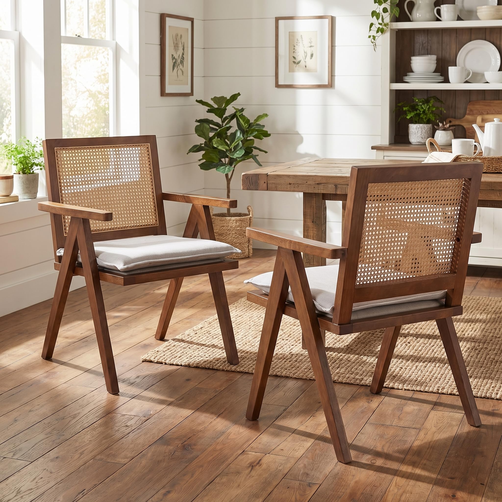 Hyfirm Rattan Dining Chairs Set of 2, Cane Back Wooden Kitchen Chairs with Bamboo Wicker Seat Mid Century Modern Side Chairs with Arms, Walnut
