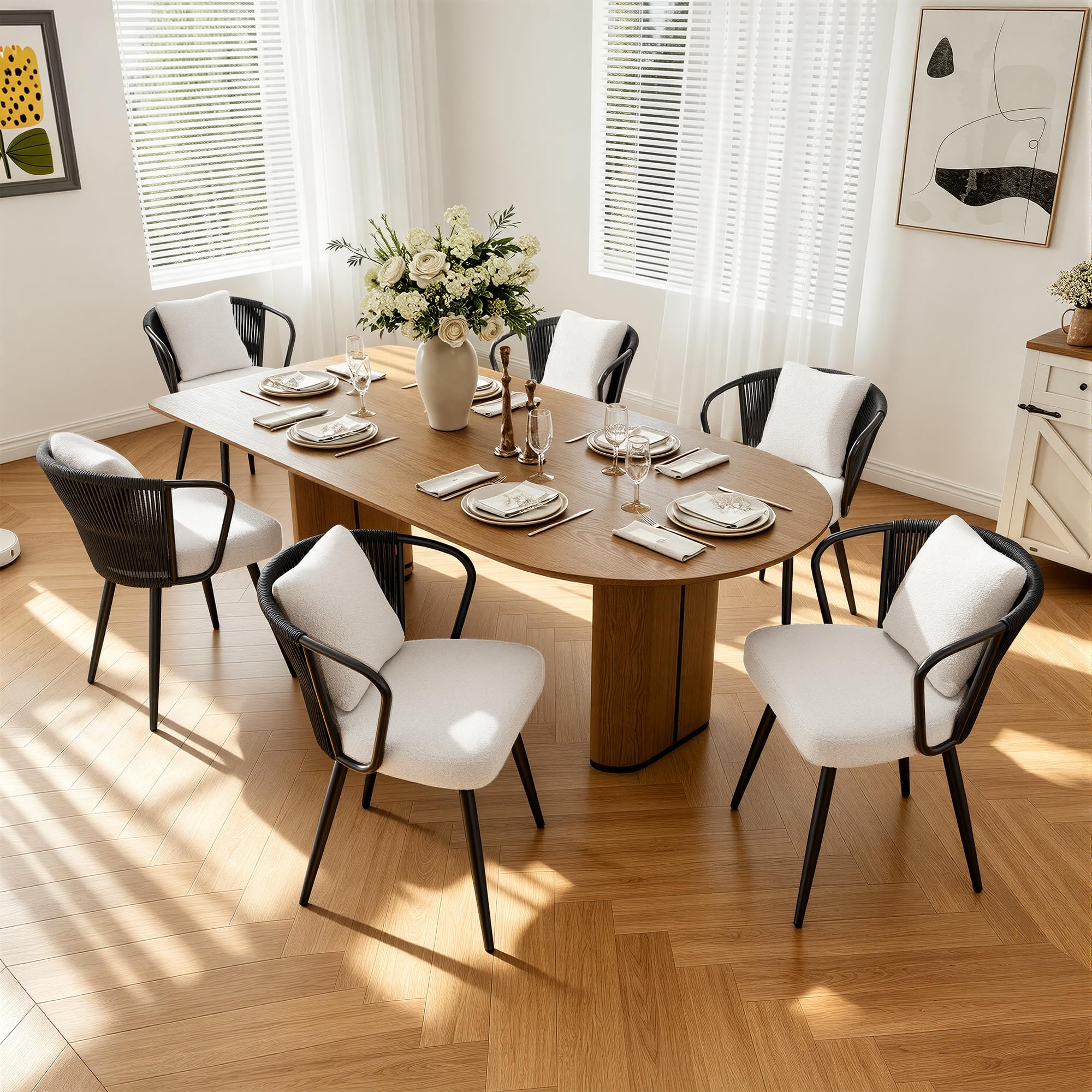 Rattan Dining Chairs Set of 4, Modern Upholstered Kitchen Chair with Metal Legs, Ergonomic Curved Backrest, Mid Century Living Room Chairs with Throw Pillow, Natural