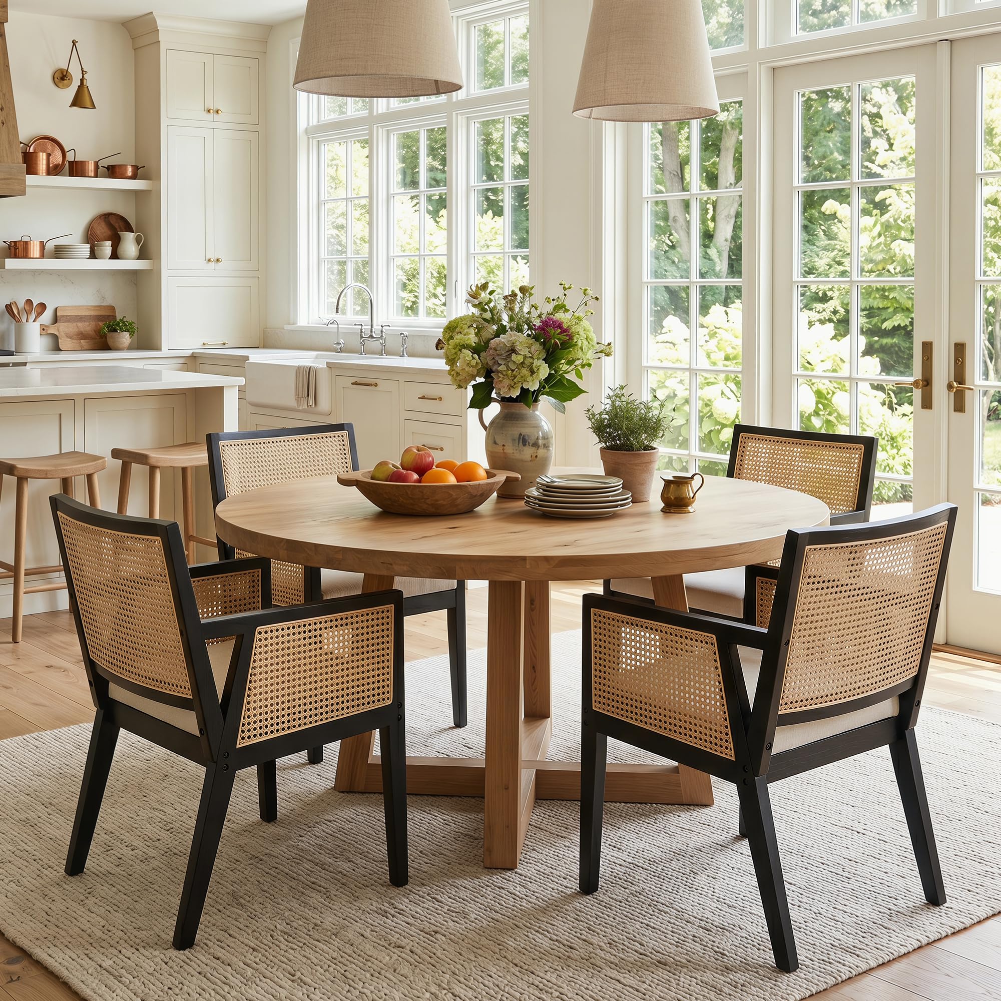 HNY Farmhouse Rattan Dining Chairs Set of 4, Natural Solid Hardwood Frame, Upholstered Linen Seat, Ergonomic Cane Back Dining Room Chairs for Kitchen, Dining Room, Apartment, Beige