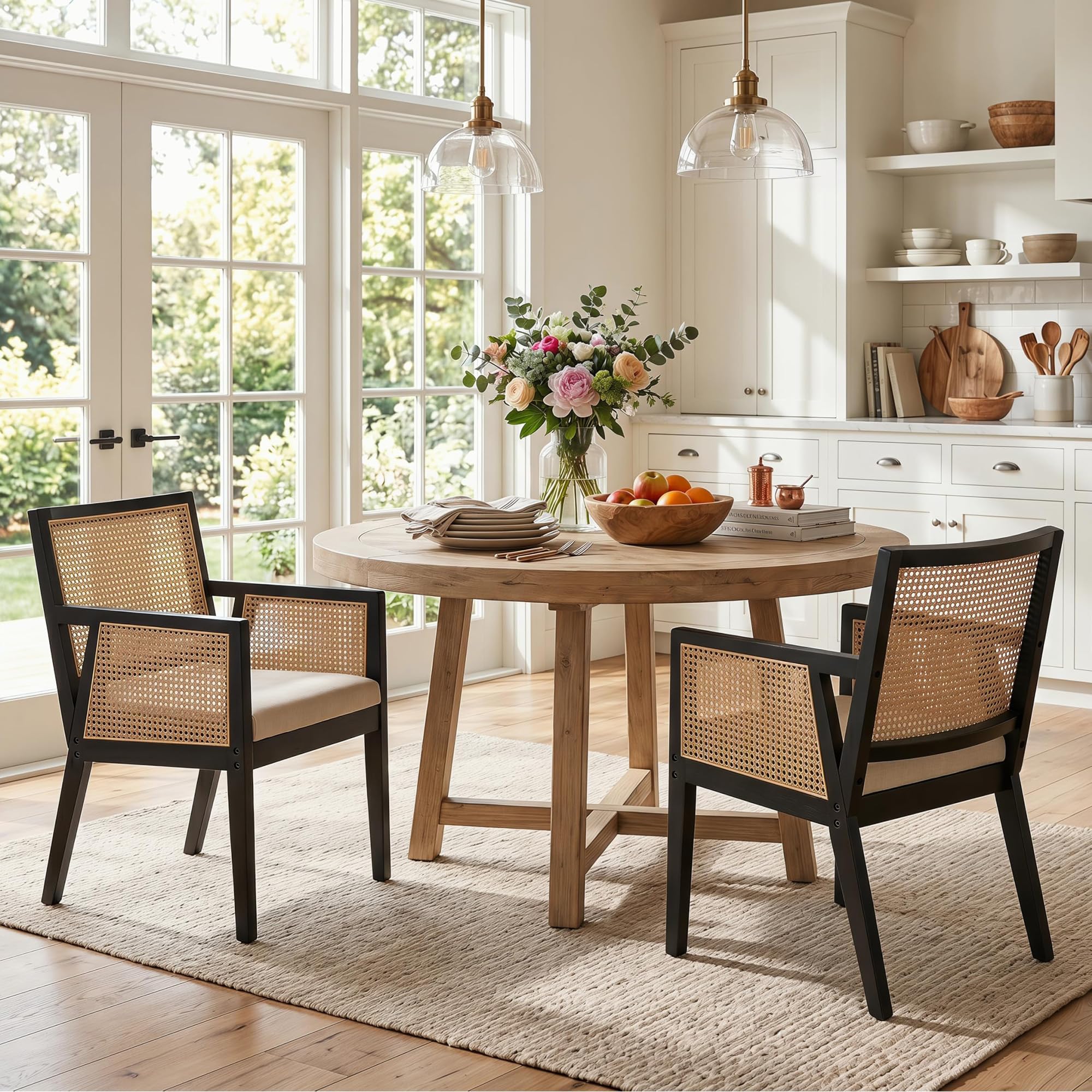 HNY Farmhouse Rattan Dining Chairs Set of 4, Natural Solid Hardwood Frame, Upholstered Linen Seat, Ergonomic Cane Back Dining Room Chairs for Kitchen, Dining Room, Apartment, Beige