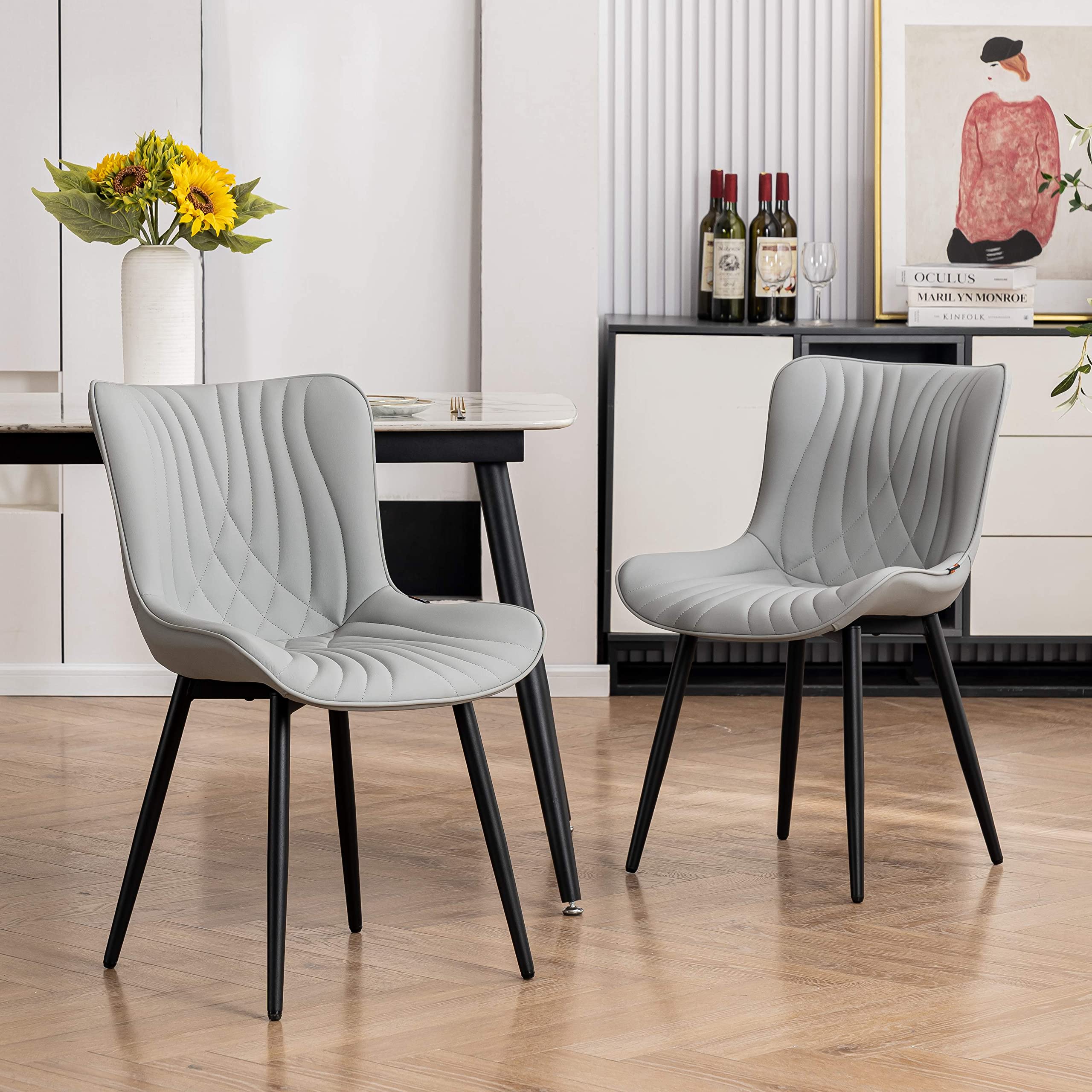 YOUTASTE Cream Dining Chairs Set of 2, Mid Century Modern Comfy Kitchen Chair, Upholstered Faux Leather, Cream Metal Legs, Armless Accent Chairs for Bedroom Vanity Lounge