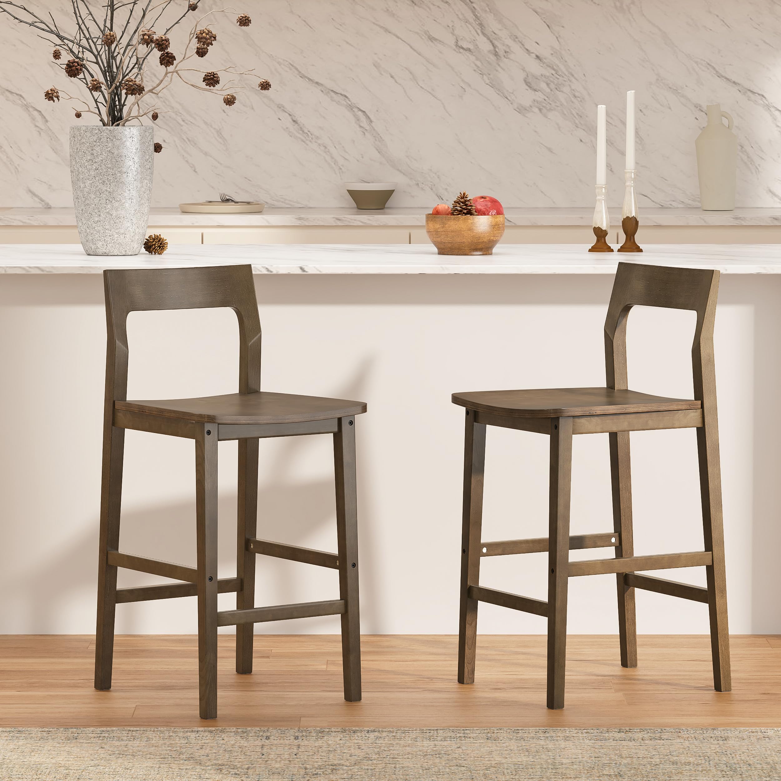 EYYTHUNG Counter Height Stools Set of 3, Farmhouse 25” Bar Stools with Solid Wood Legs & Back, Mid Century Modern Barstools Chairs for Kitchen Island, Dining Room, Cafe, Pub, Dark Oak